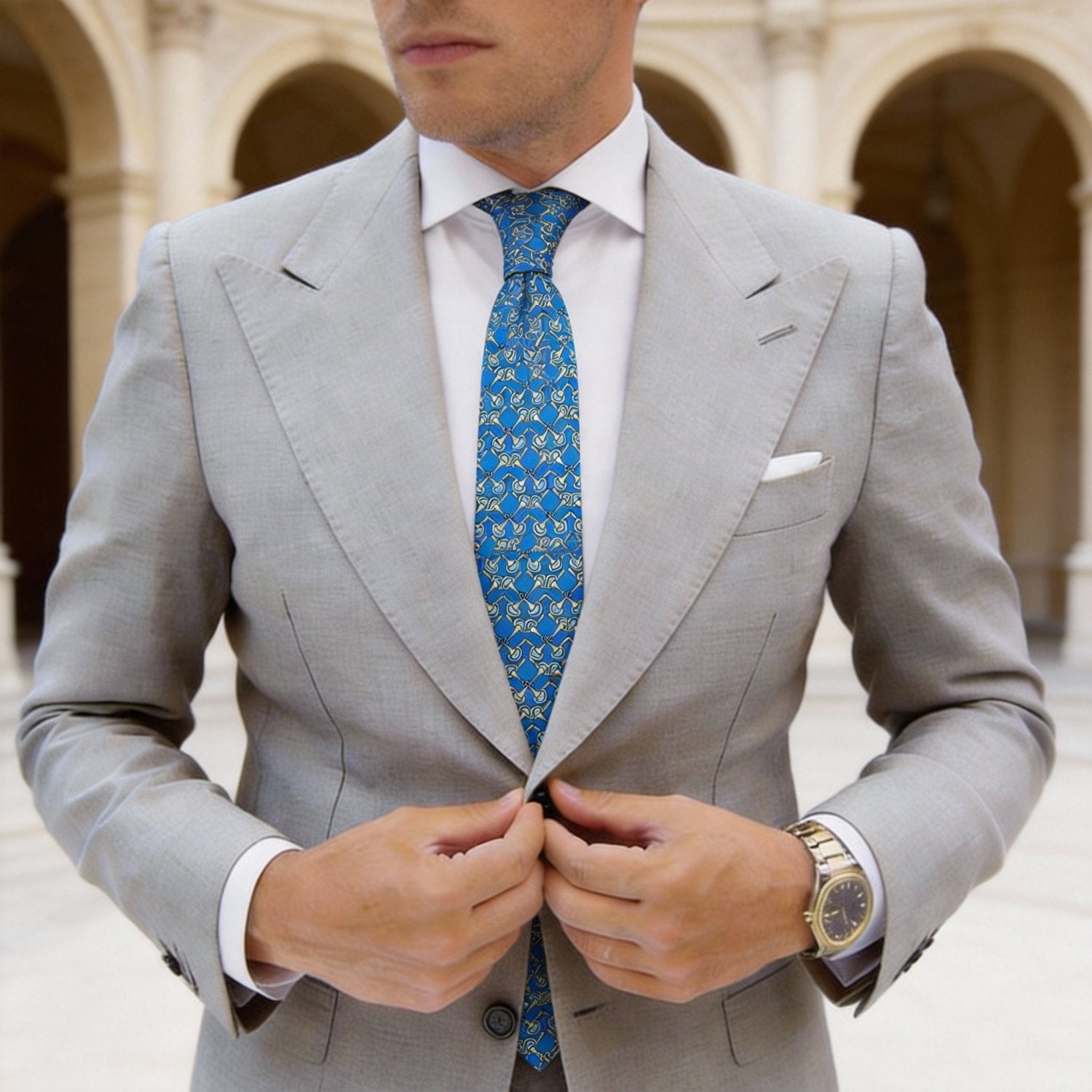 Blue With Gold Horsebit Chain Necktie