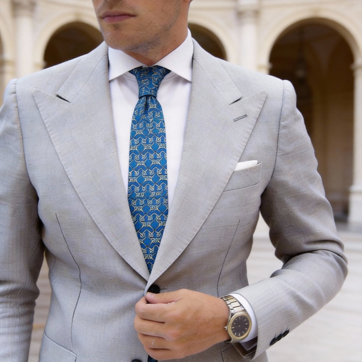 Blue With Gold Horsebit Chain Necktie