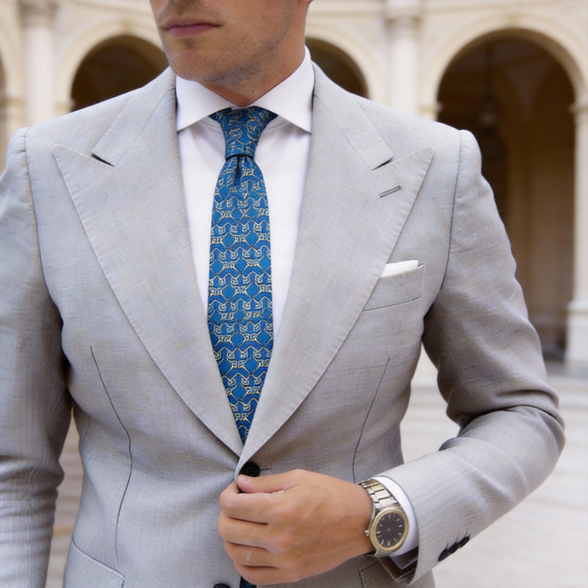 Blue With Gold Horsebit Chain Necktie