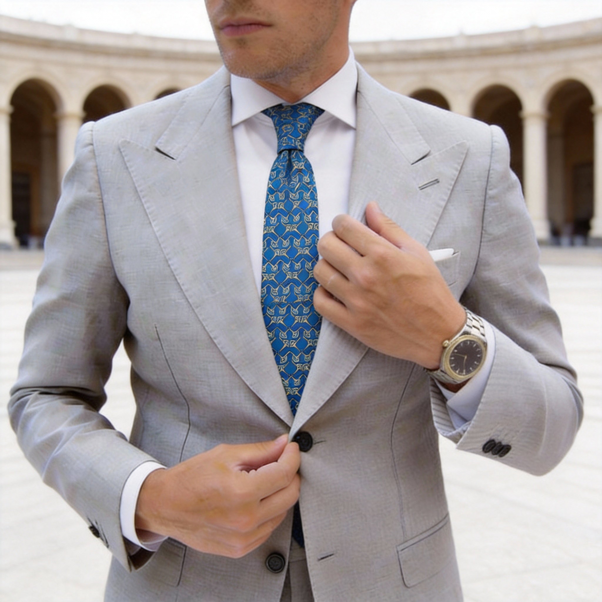 Blue With Gold Horsebit Chain Necktie