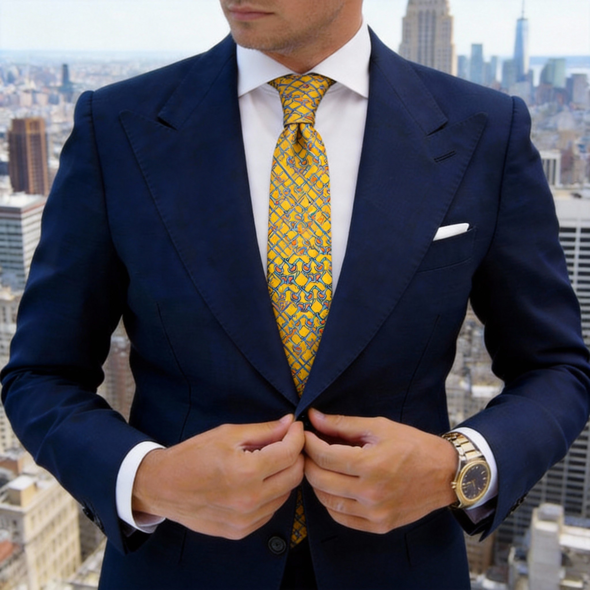 Yellow with Blue & Brown Horsebit Necktie