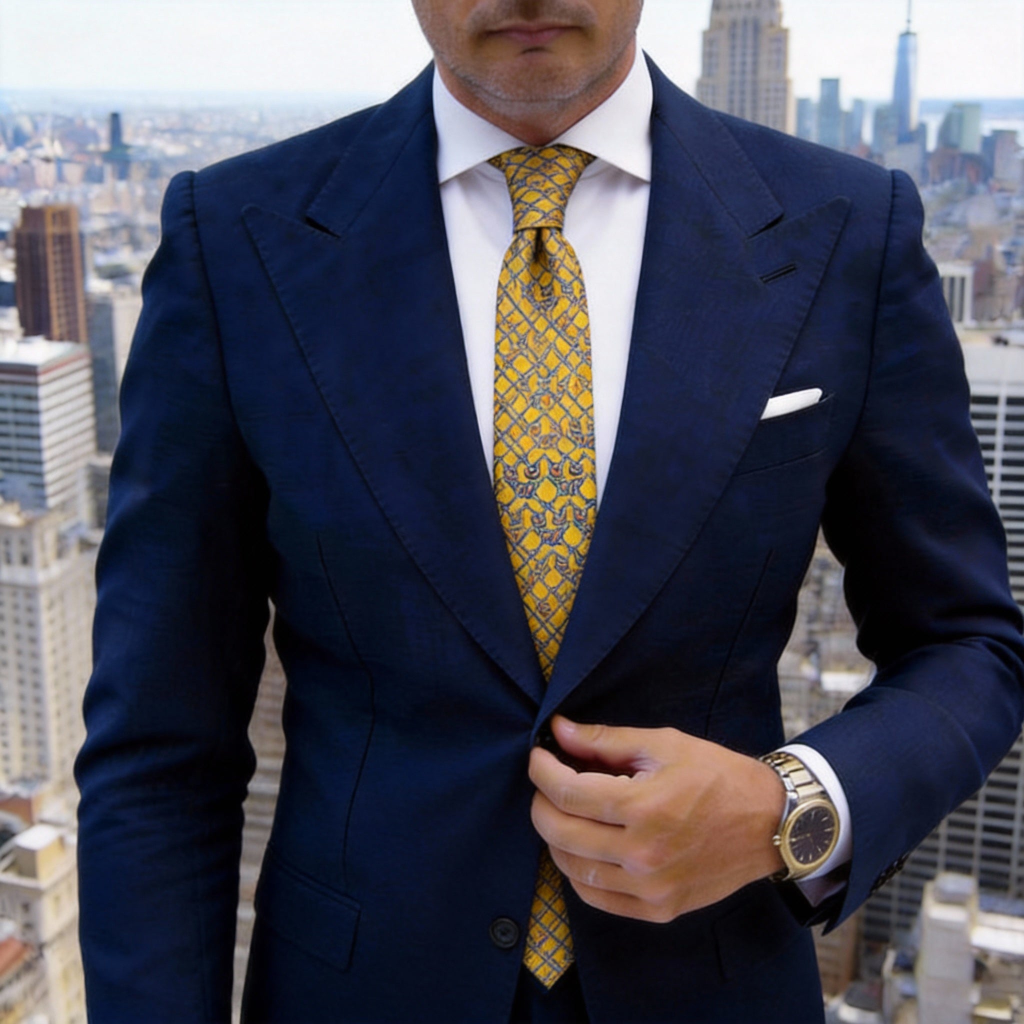 Yellow with Blue & Brown Horsebit Necktie