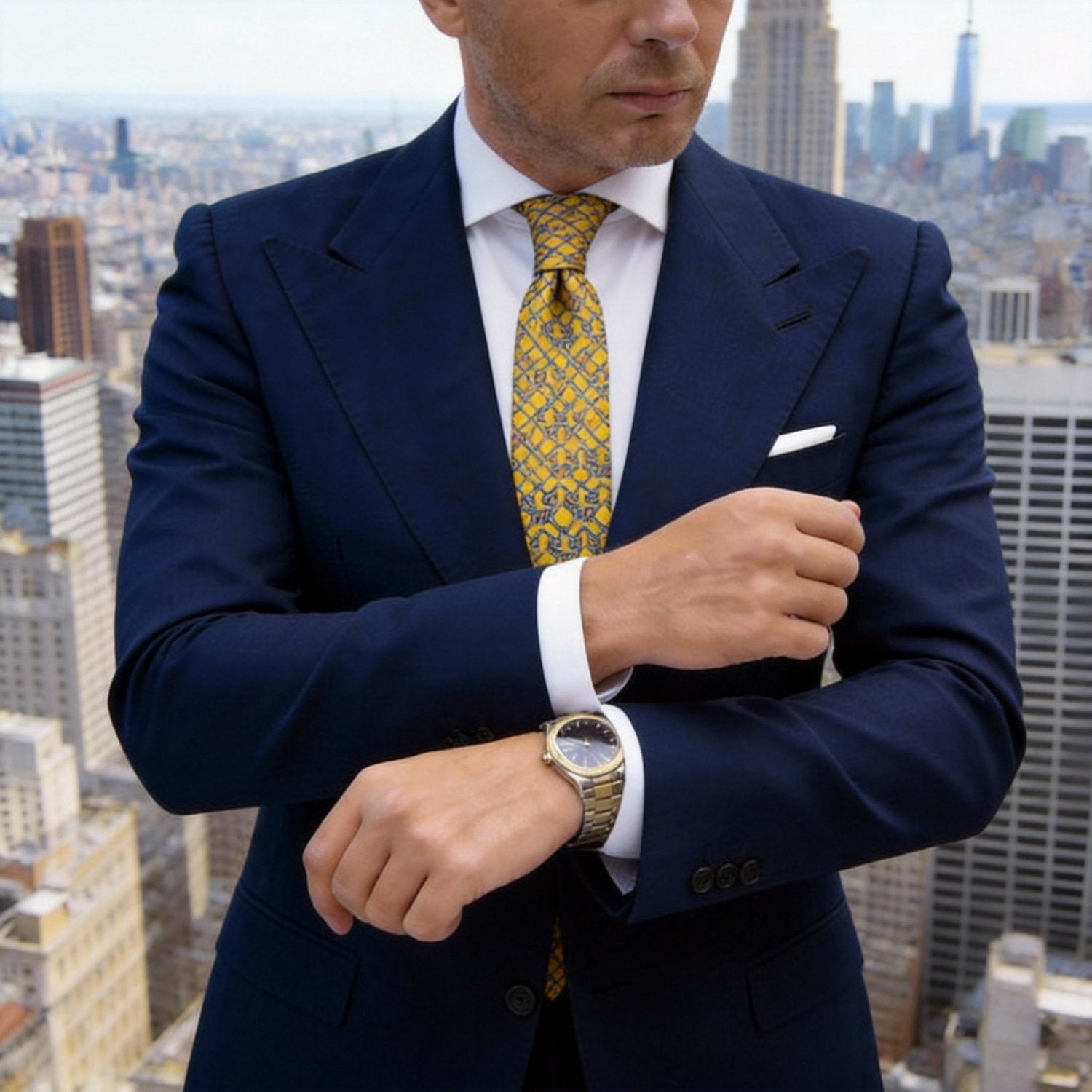 Yellow with Blue & Brown Horsebit Necktie