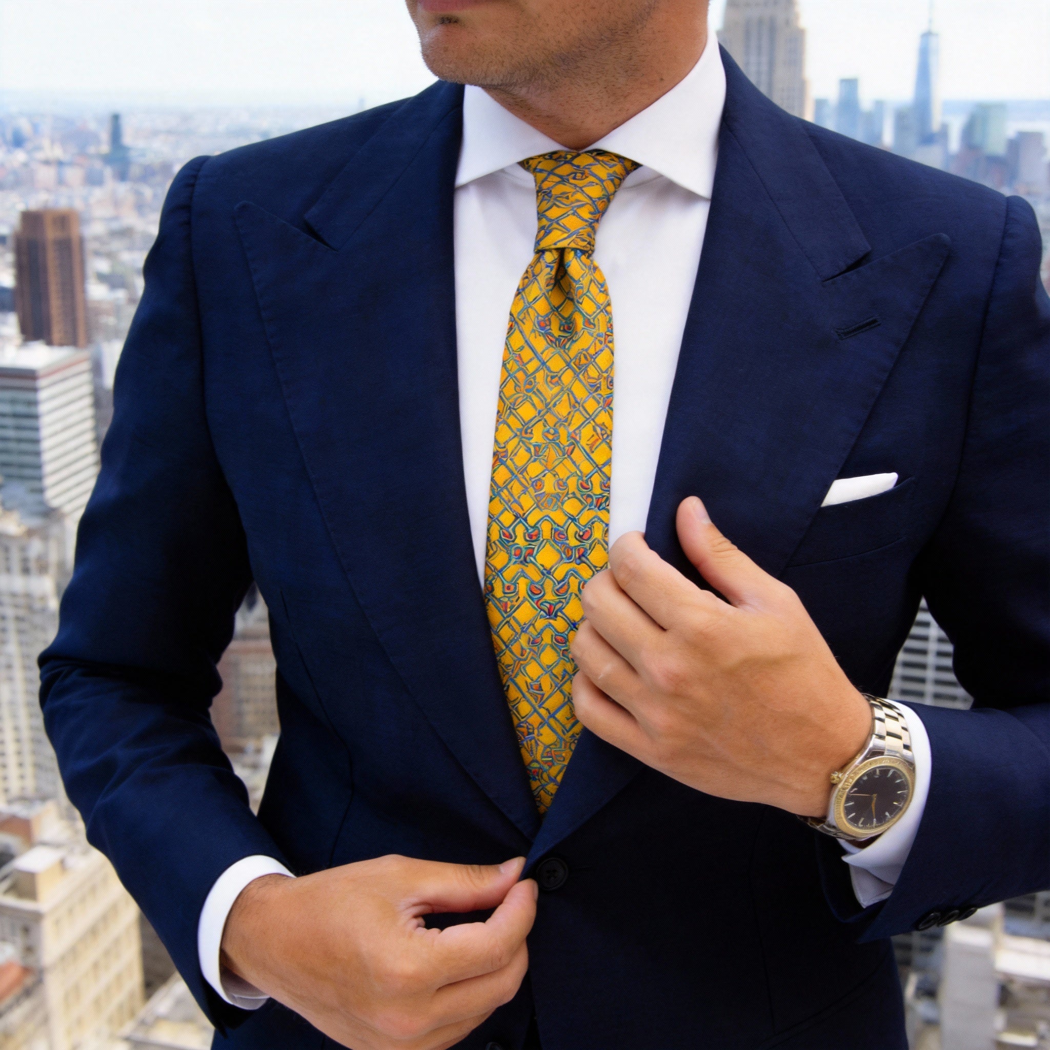 Yellow with Blue & Brown Horsebit Necktie