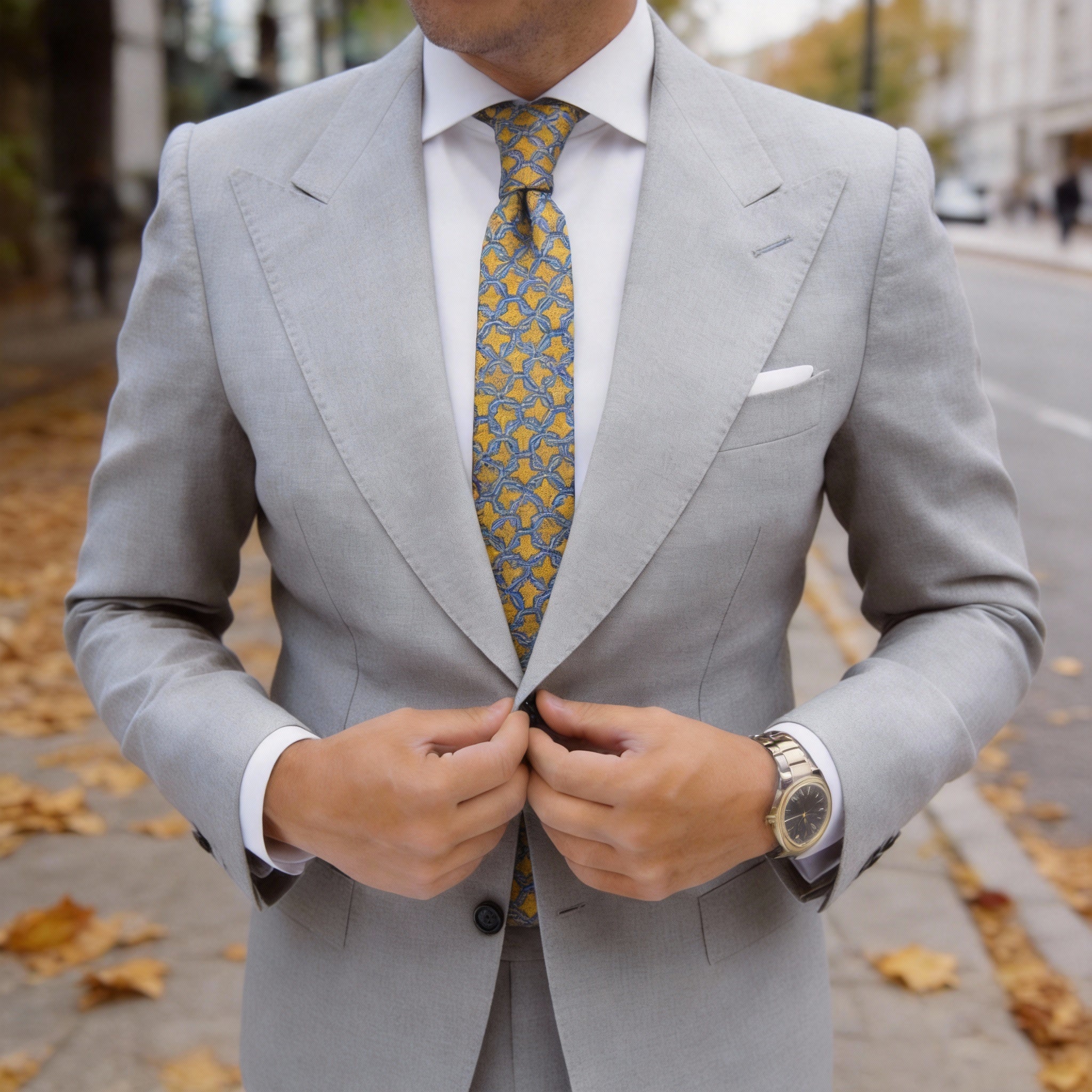Yellow With Blue Chain Links Necktie