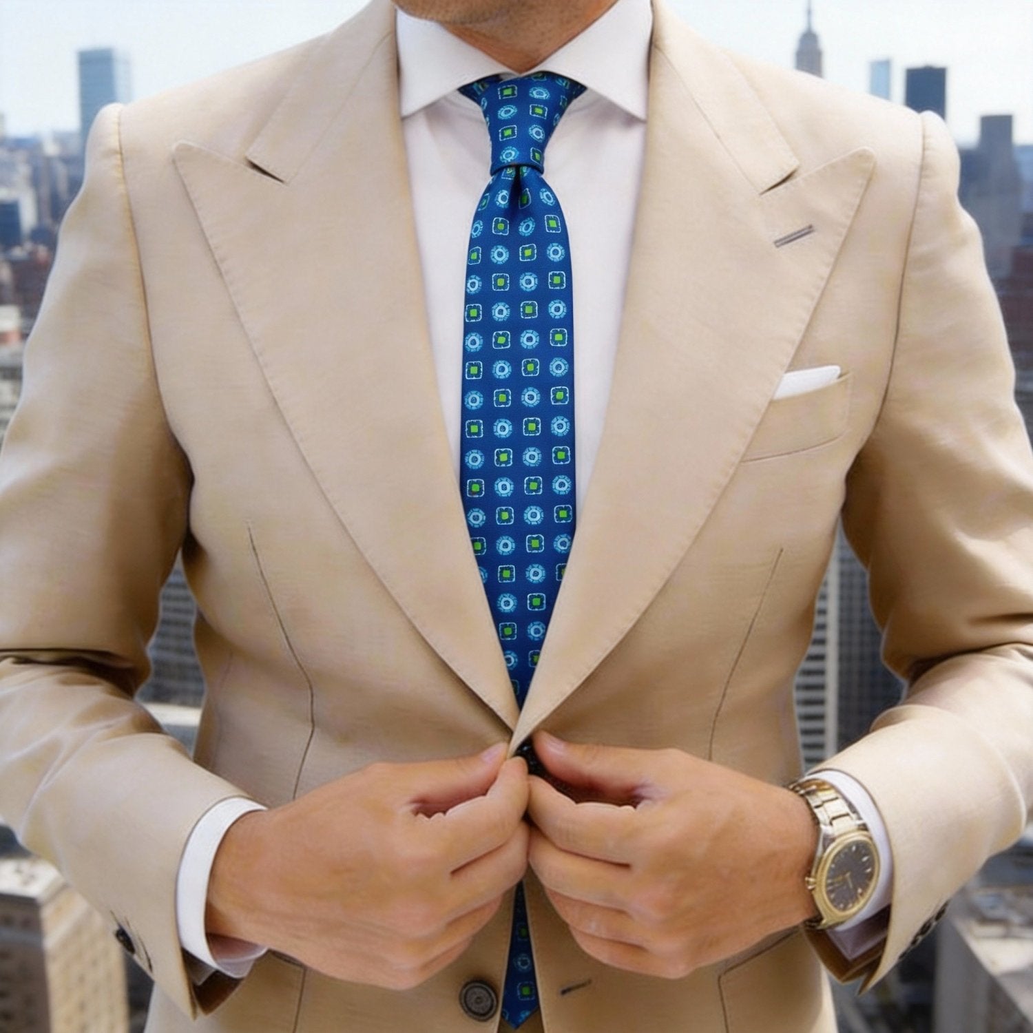 Dark Blue With Green Geometric Squares Necktie