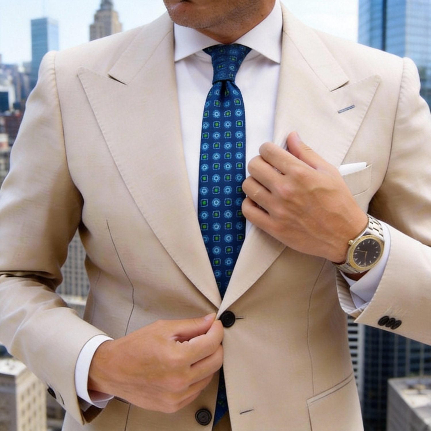 Dark Blue With Green Geometric Squares Necktie