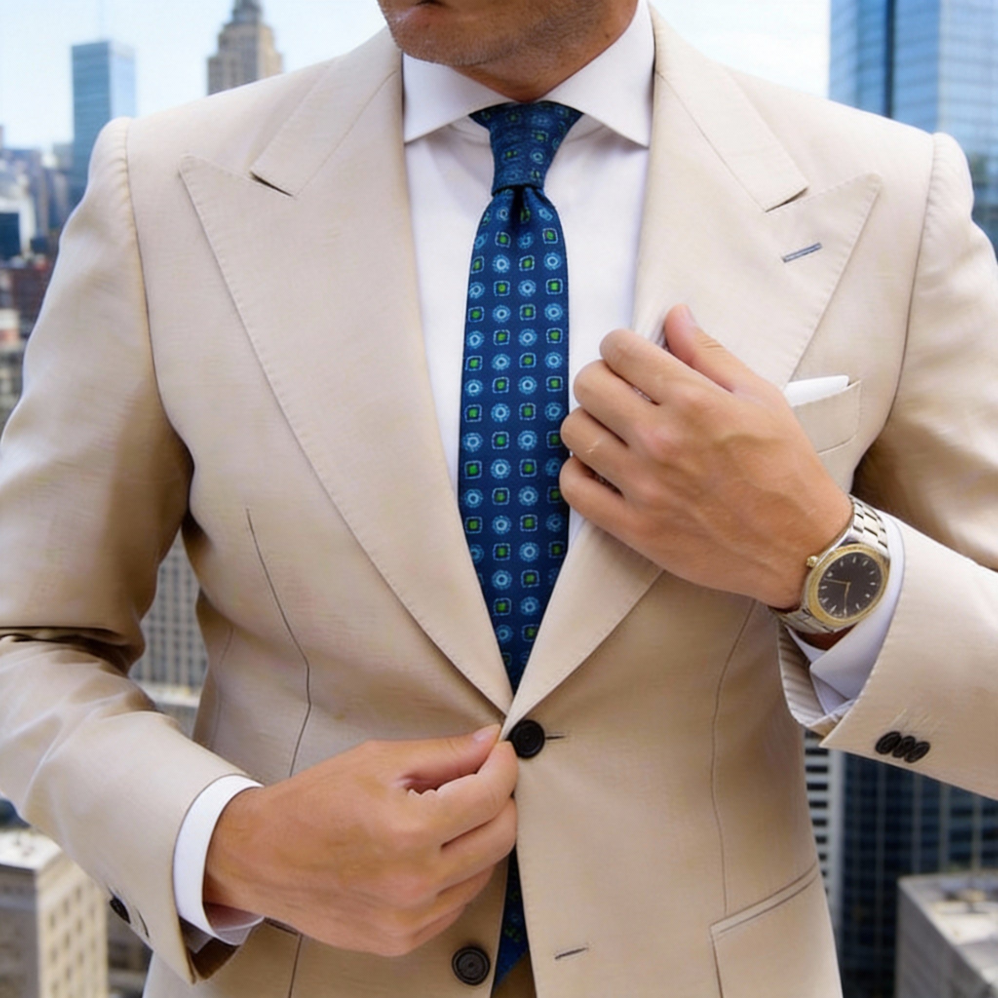 Dark Blue With Green Geometric Squares Necktie
