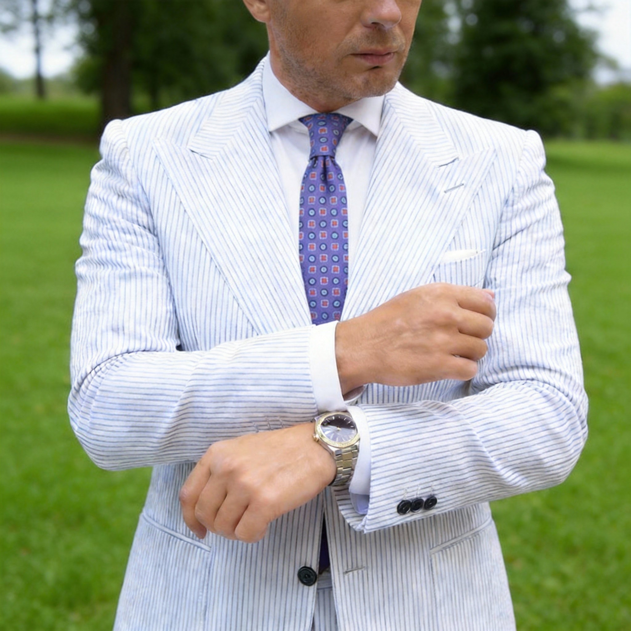 Purple with Orange & Navy Geometric Necktie