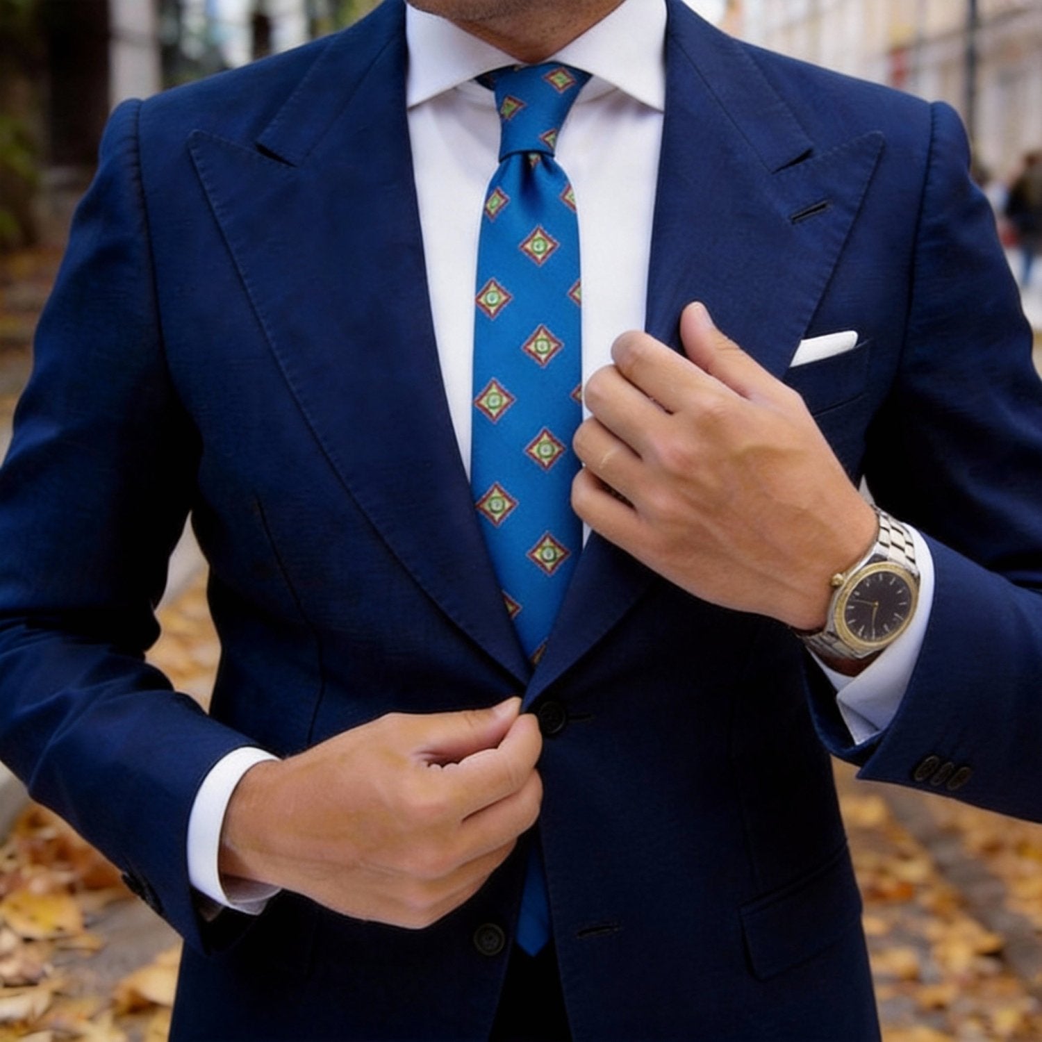Blue with Orange and Green Diamond Necktie