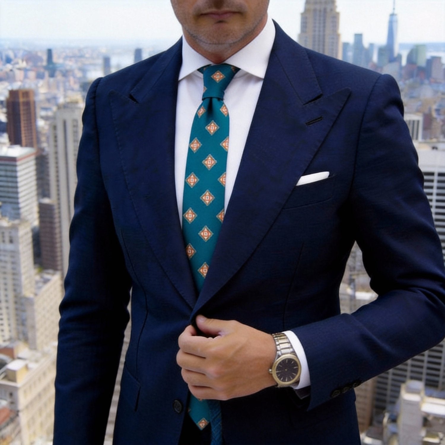 Teal With Golden Brown Geometric Diamond Necktie