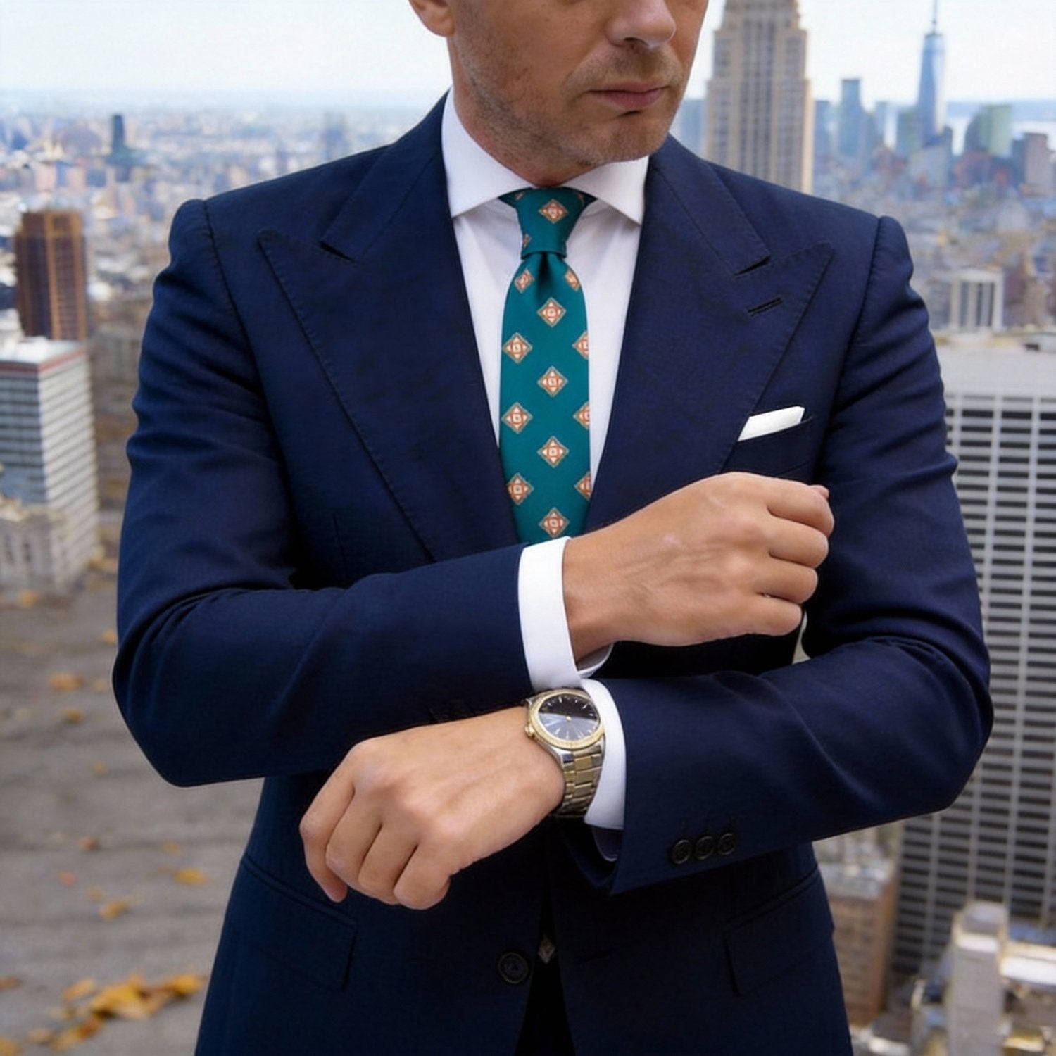 Teal With Golden Brown Geometric Diamond Necktie