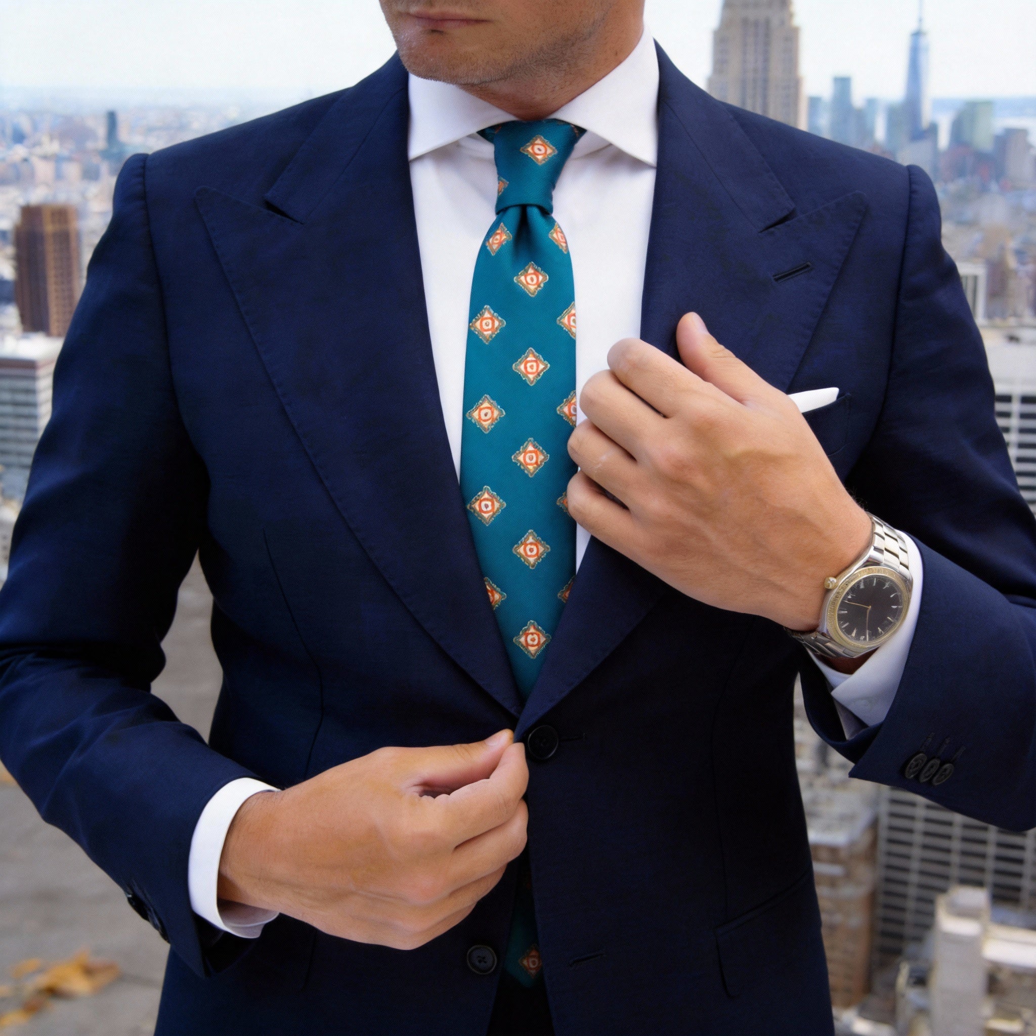 Teal With Golden Brown Geometric Diamond Necktie