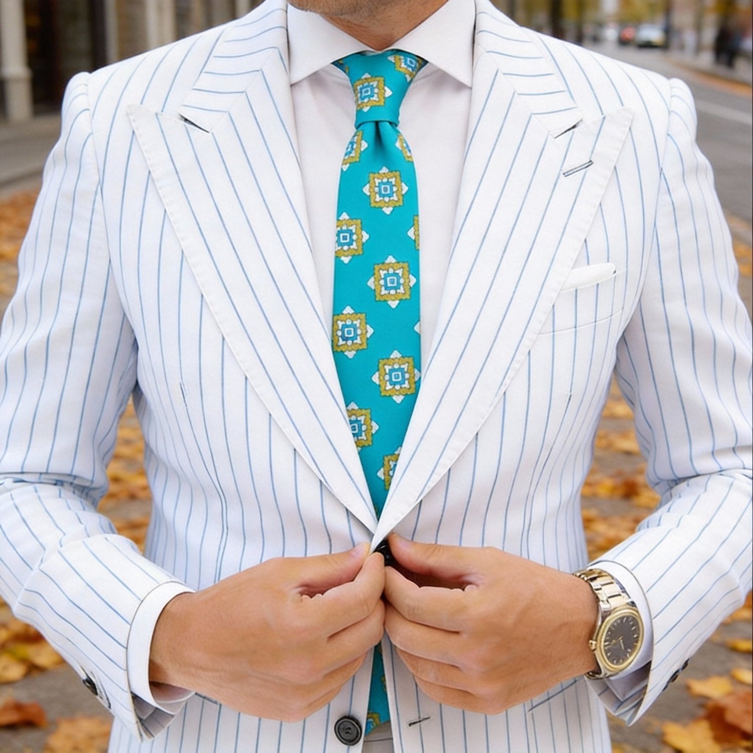 Turquoise With Yellow Geometric Square Necktie