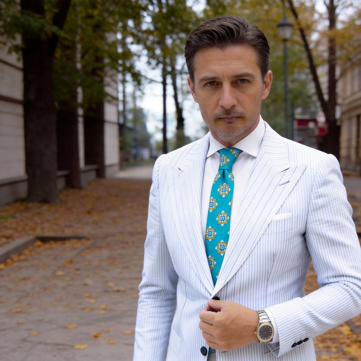 Turquoise With Yellow Geometric Square Necktie