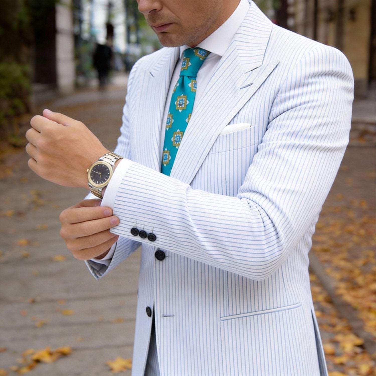 Turquoise With Yellow Geometric Square Necktie