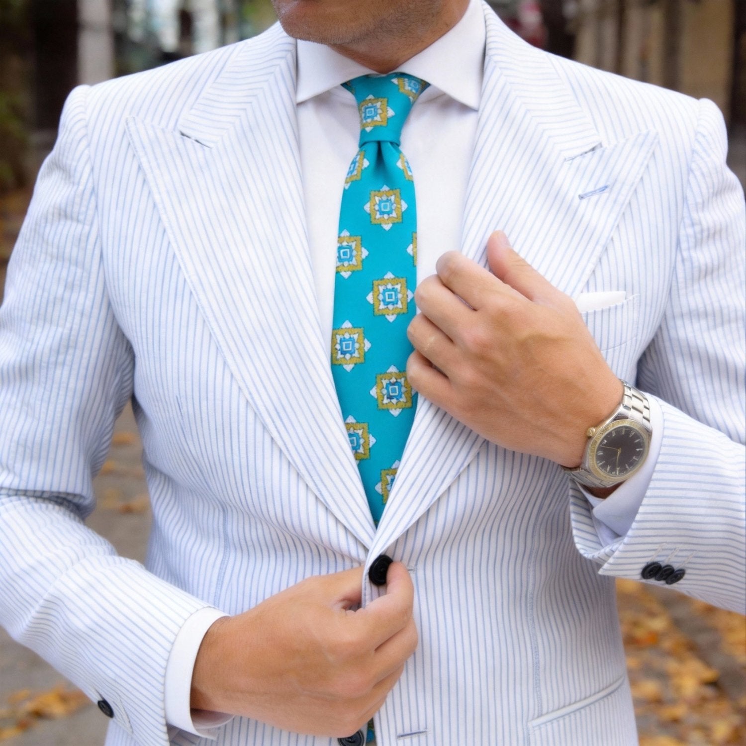 Turquoise With Yellow Geometric Square Necktie