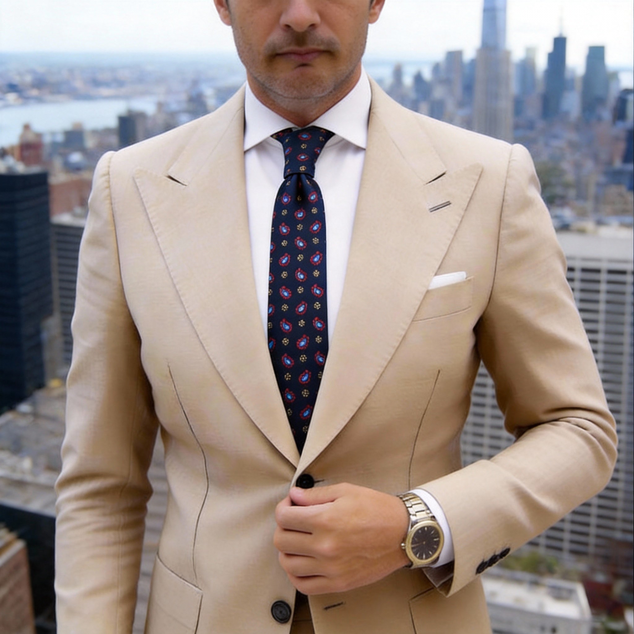 Navy Blue With Golden-Brown Quatrefoil Medallion Necktie