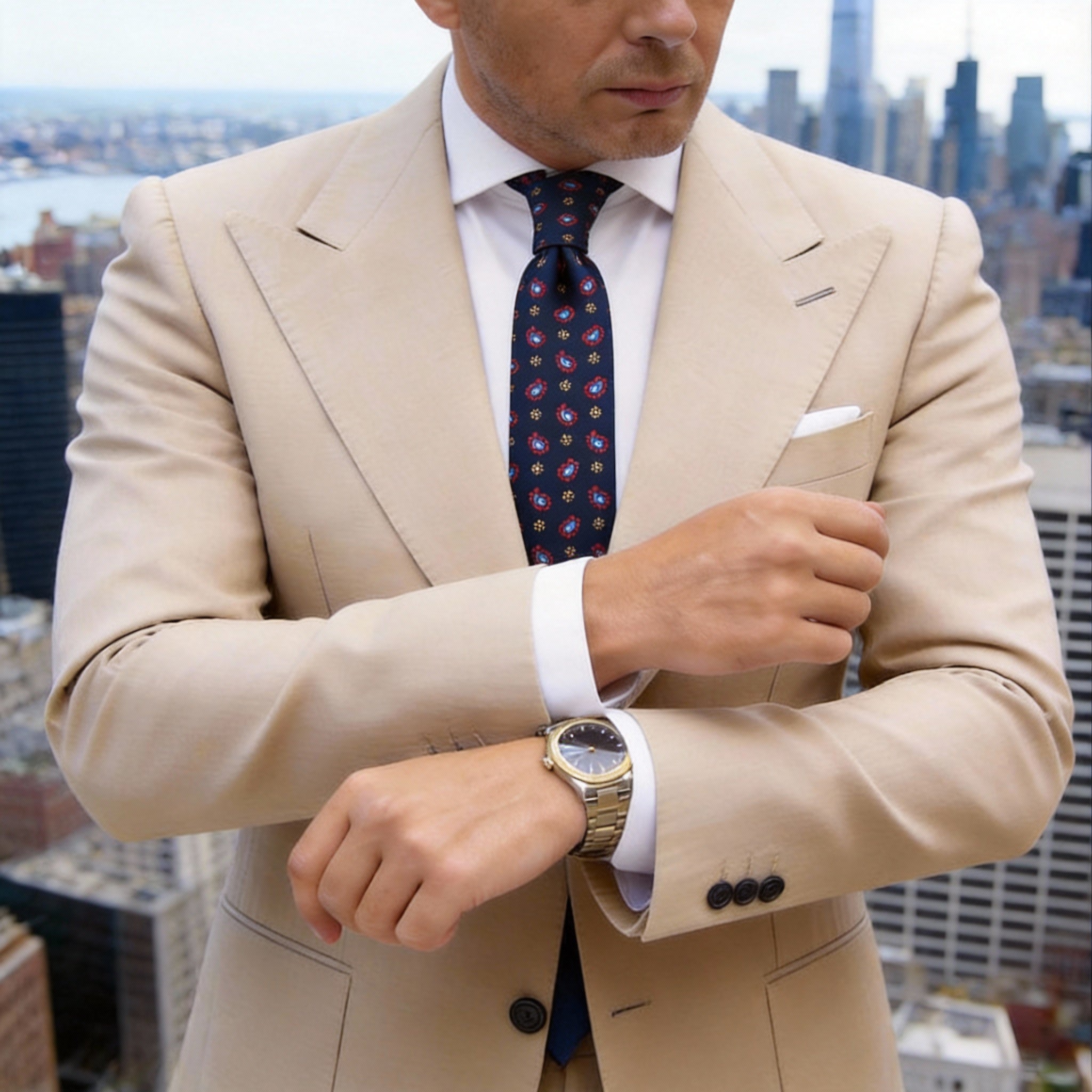 Navy Blue With Golden-Brown Quatrefoil Medallion Necktie