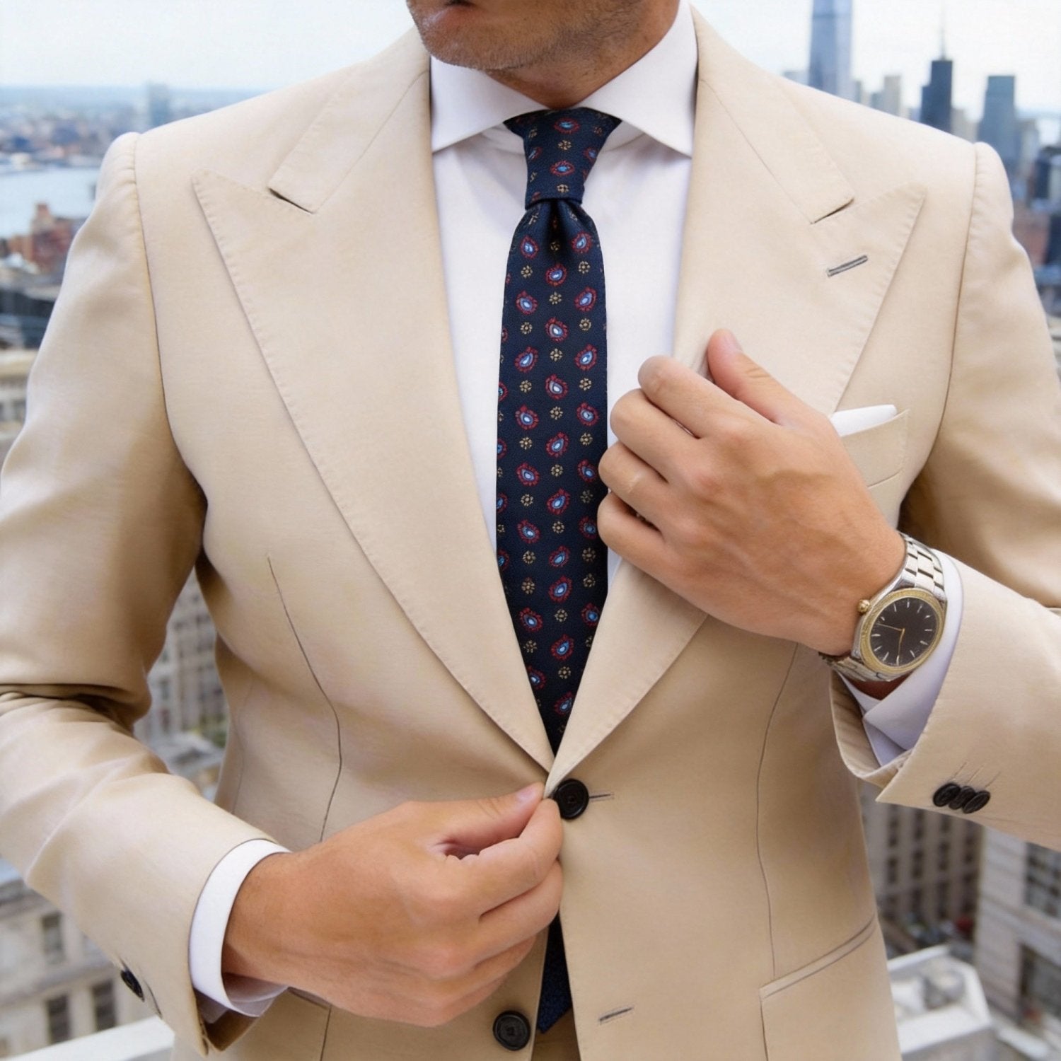 Navy Blue With Golden-Brown Quatrefoil Medallion Necktie