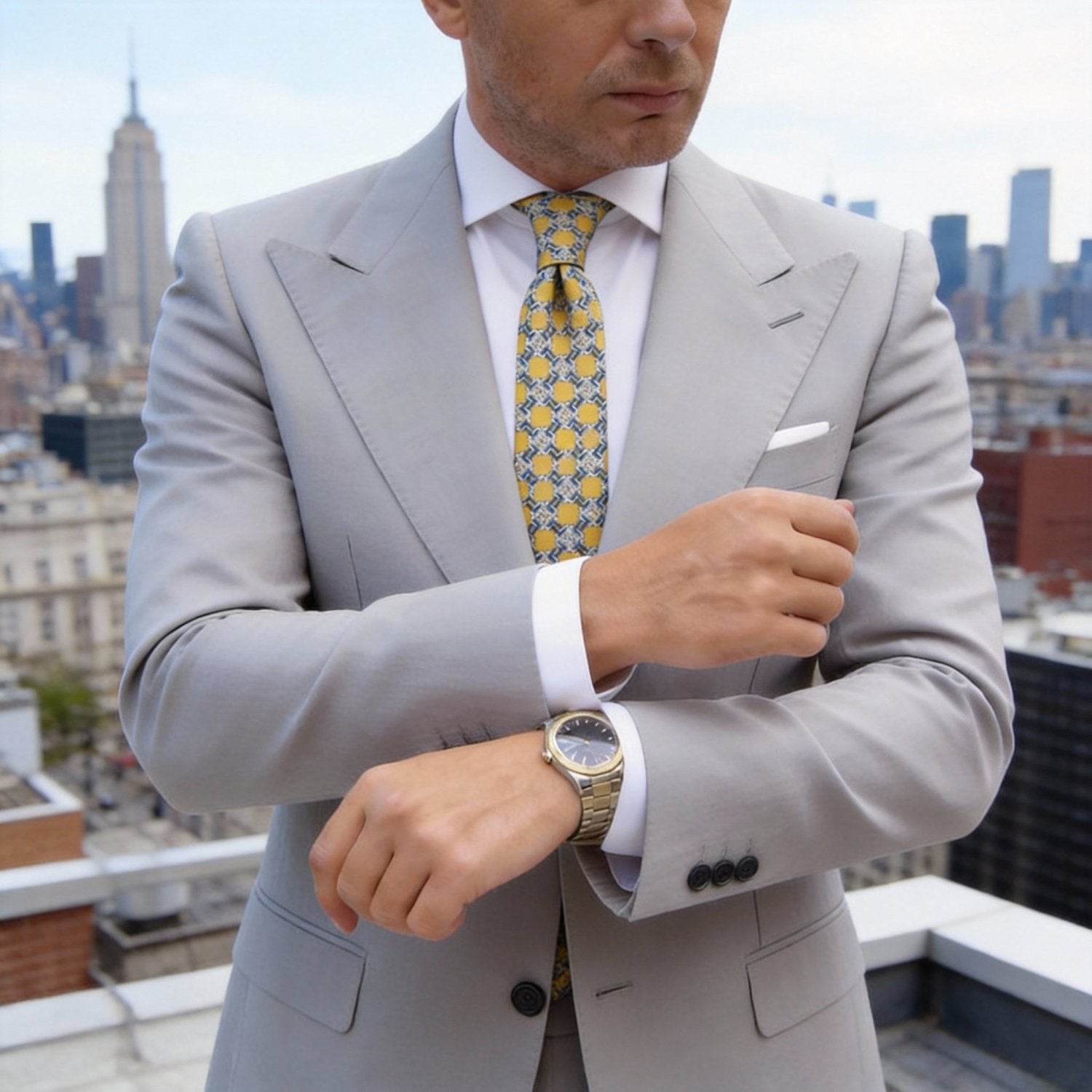 Yellow with Blue & White Interlocking Grid Necktie