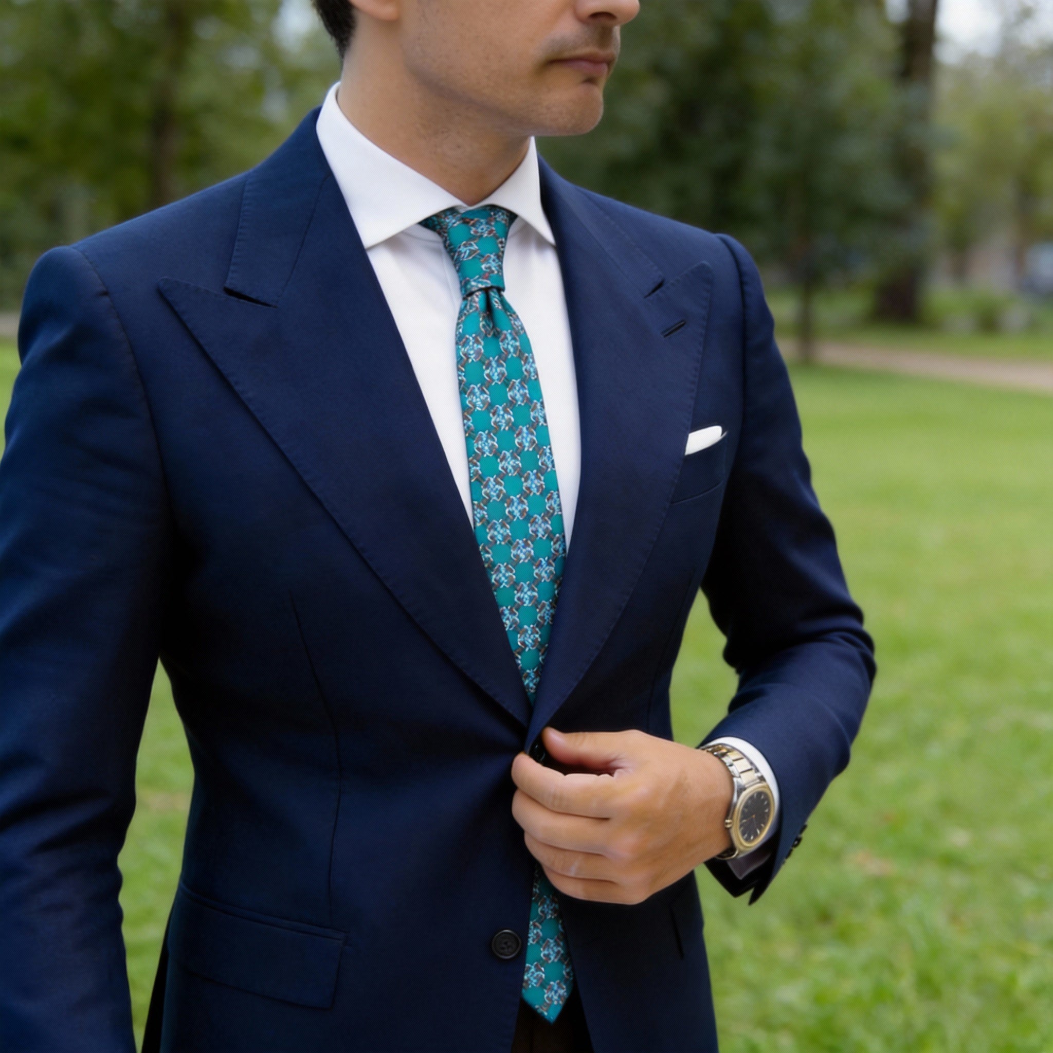 Turquoise With White & Brown Chain Grid Necktie