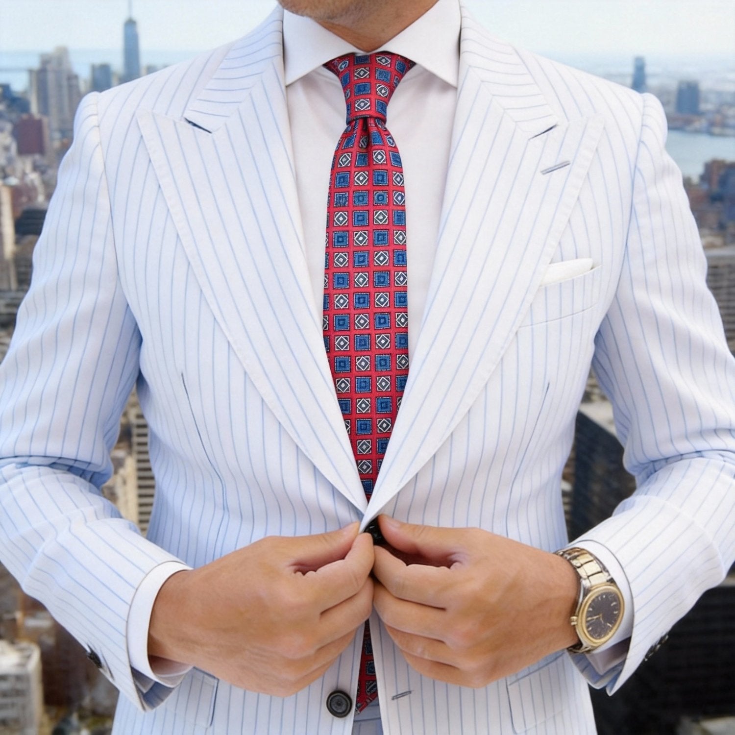 Red with Blue Square Grid Necktie