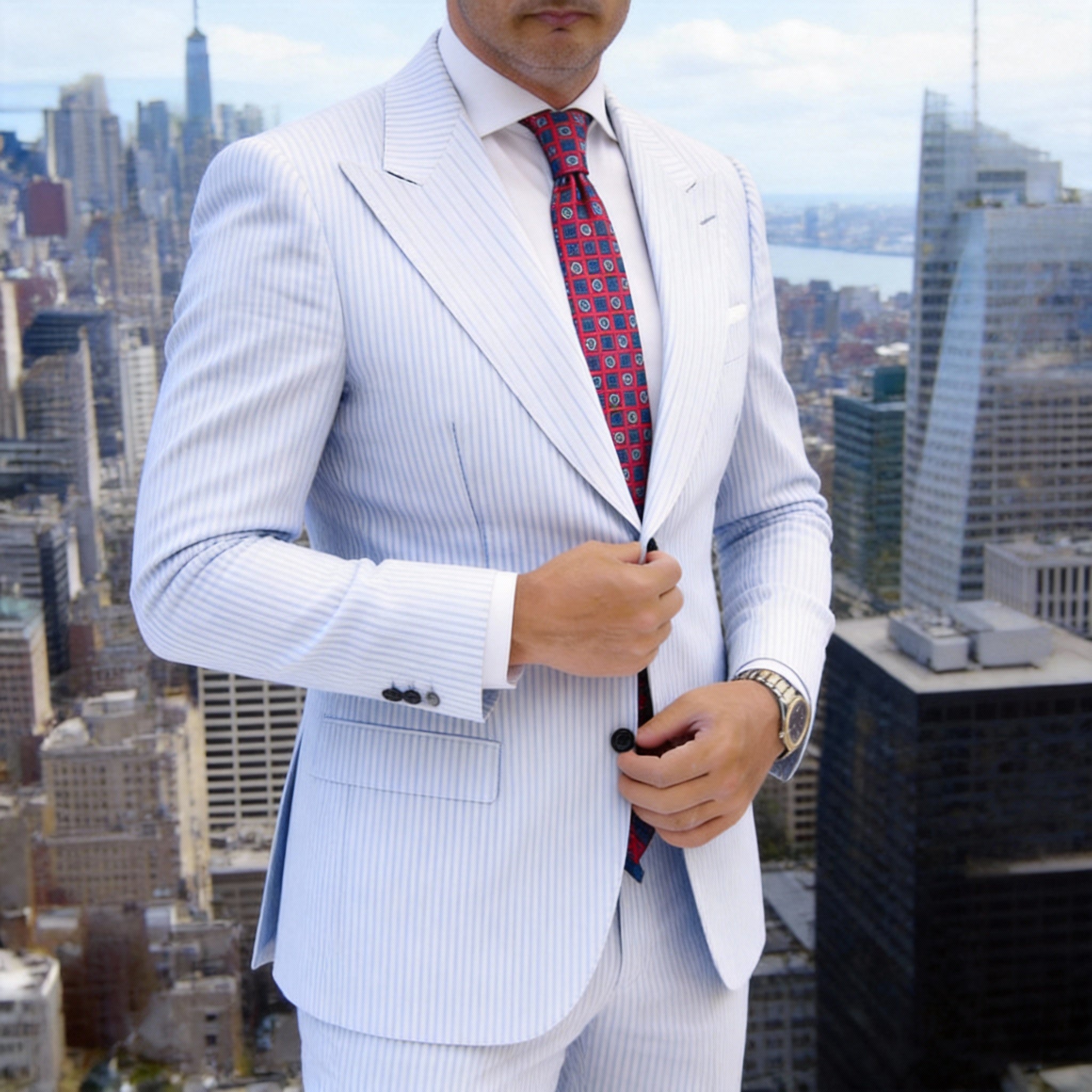 Red with Blue Square Grid Necktie