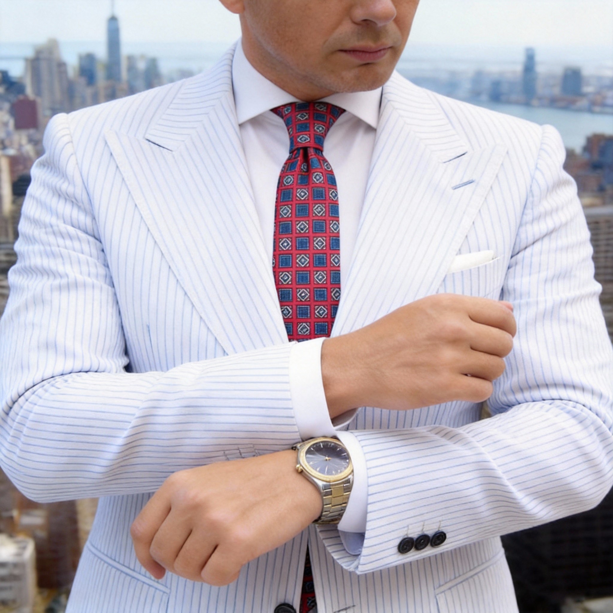 Red with Blue Square Grid Necktie