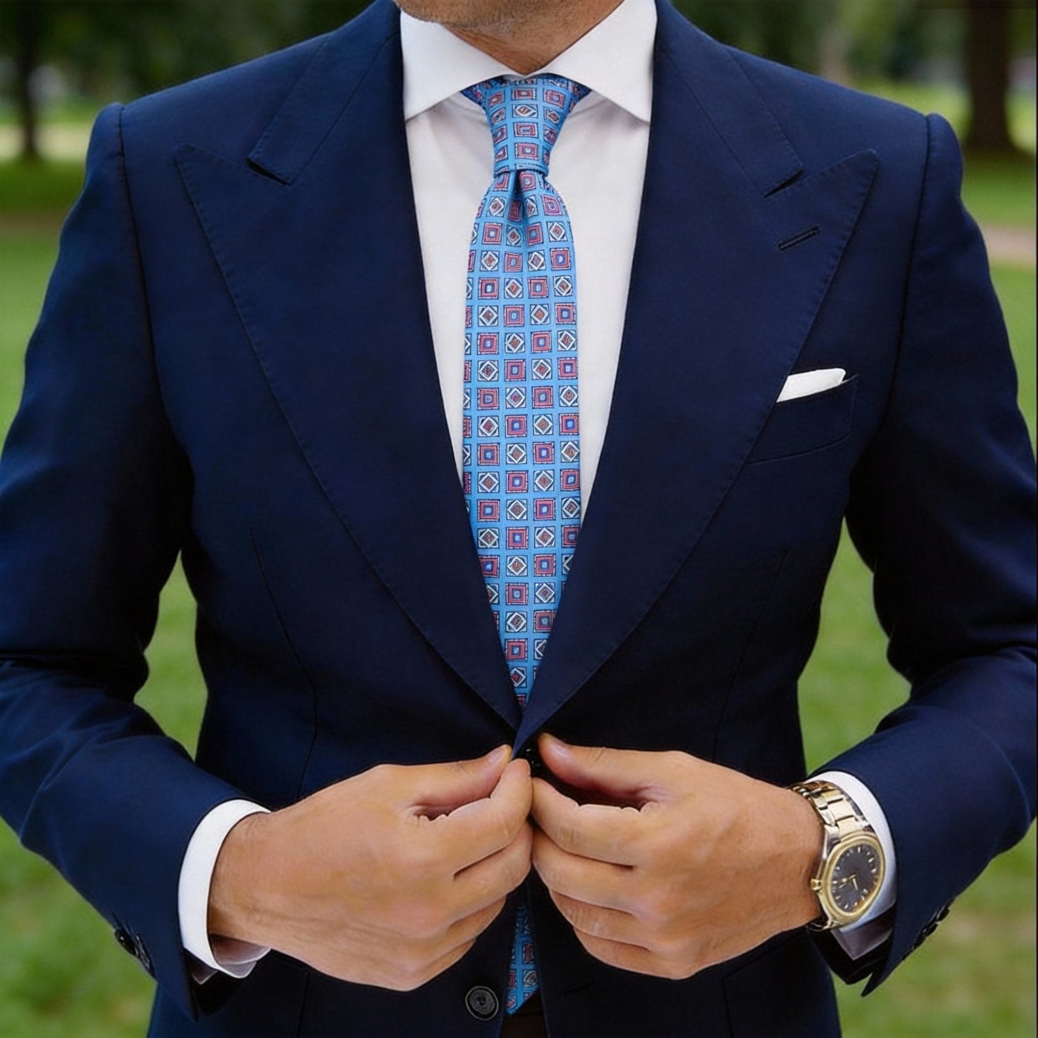 Light Blue With Red Geometric Square Necktie