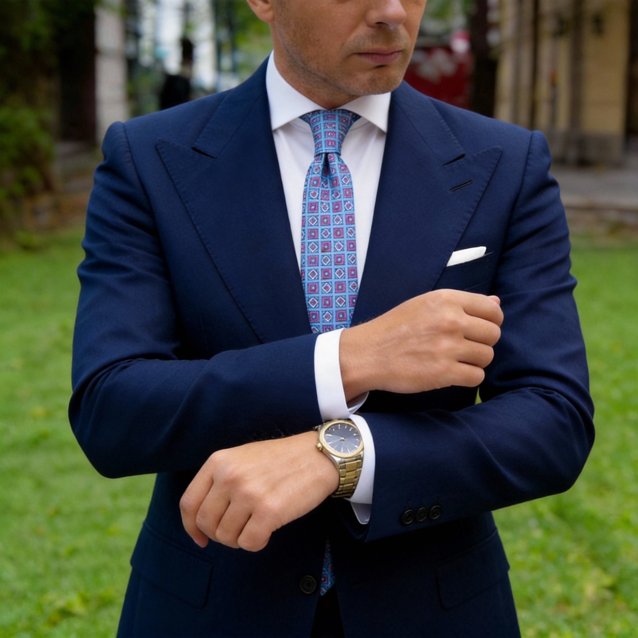 Light Blue With Red Geometric Square Necktie