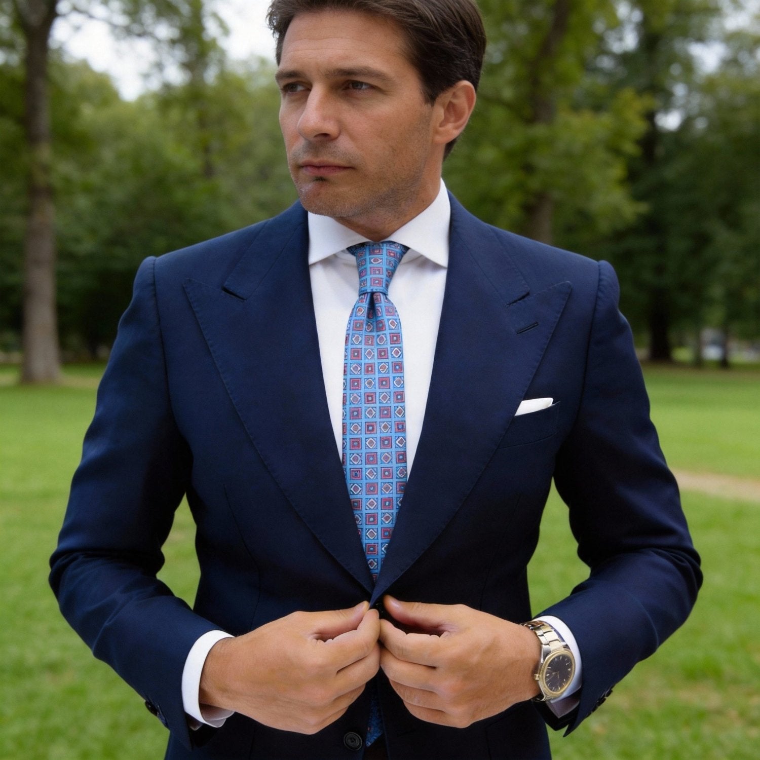 Light Blue With Red Geometric Square Necktie