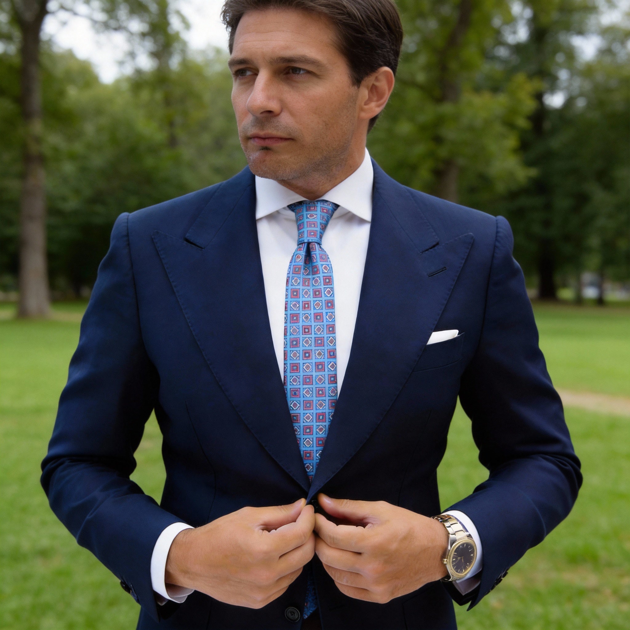 Light Blue With Red Geometric Square Necktie