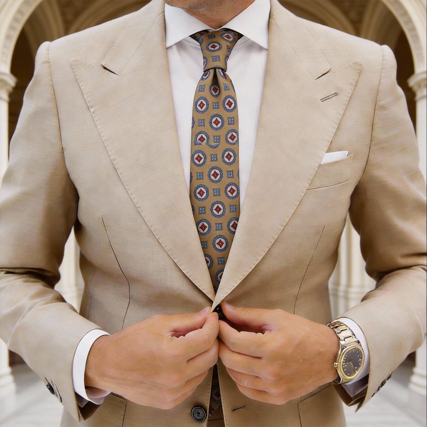 Khaki with Blue and Red Circular Medallions Necktie