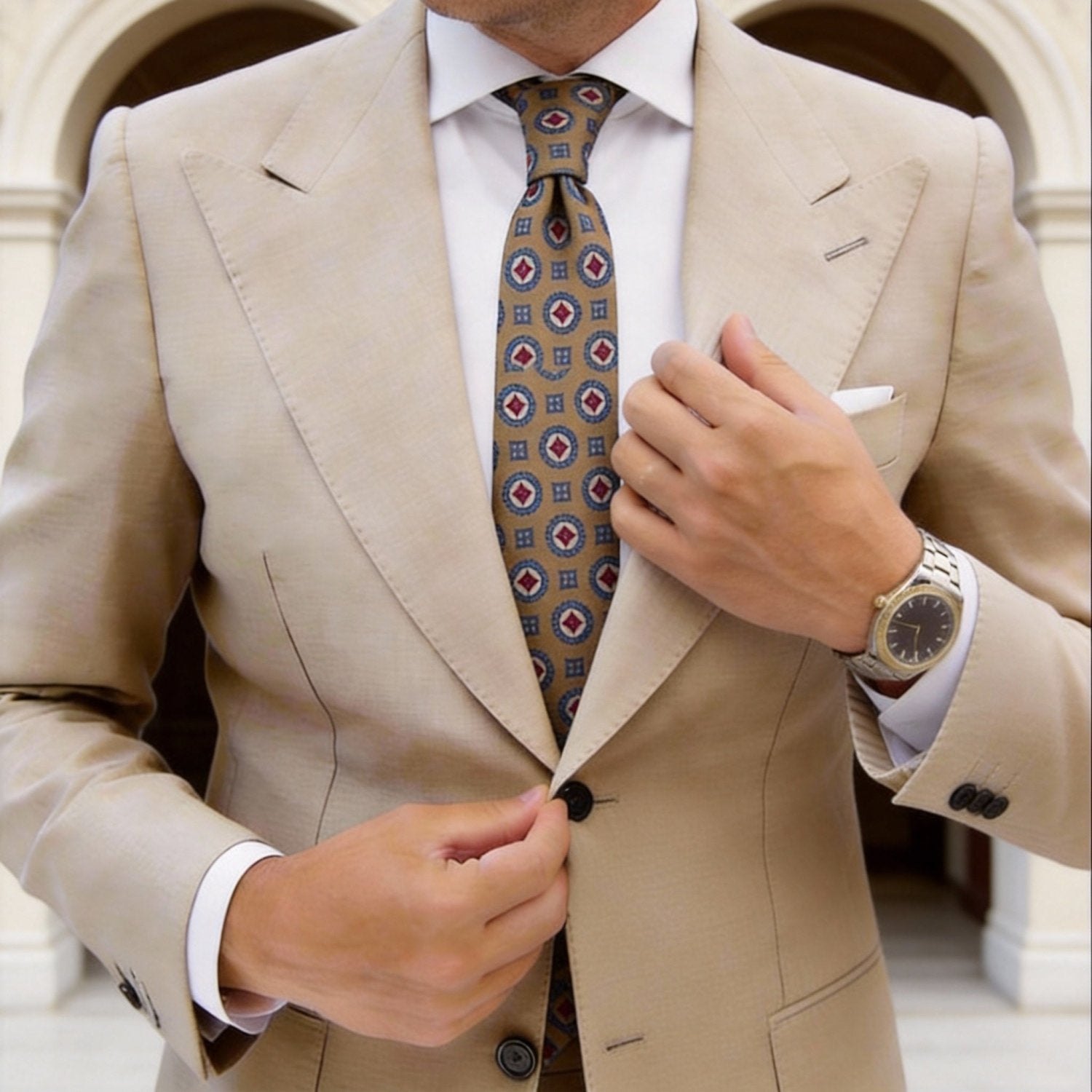 Khaki with Blue and Red Circular Medallions Necktie