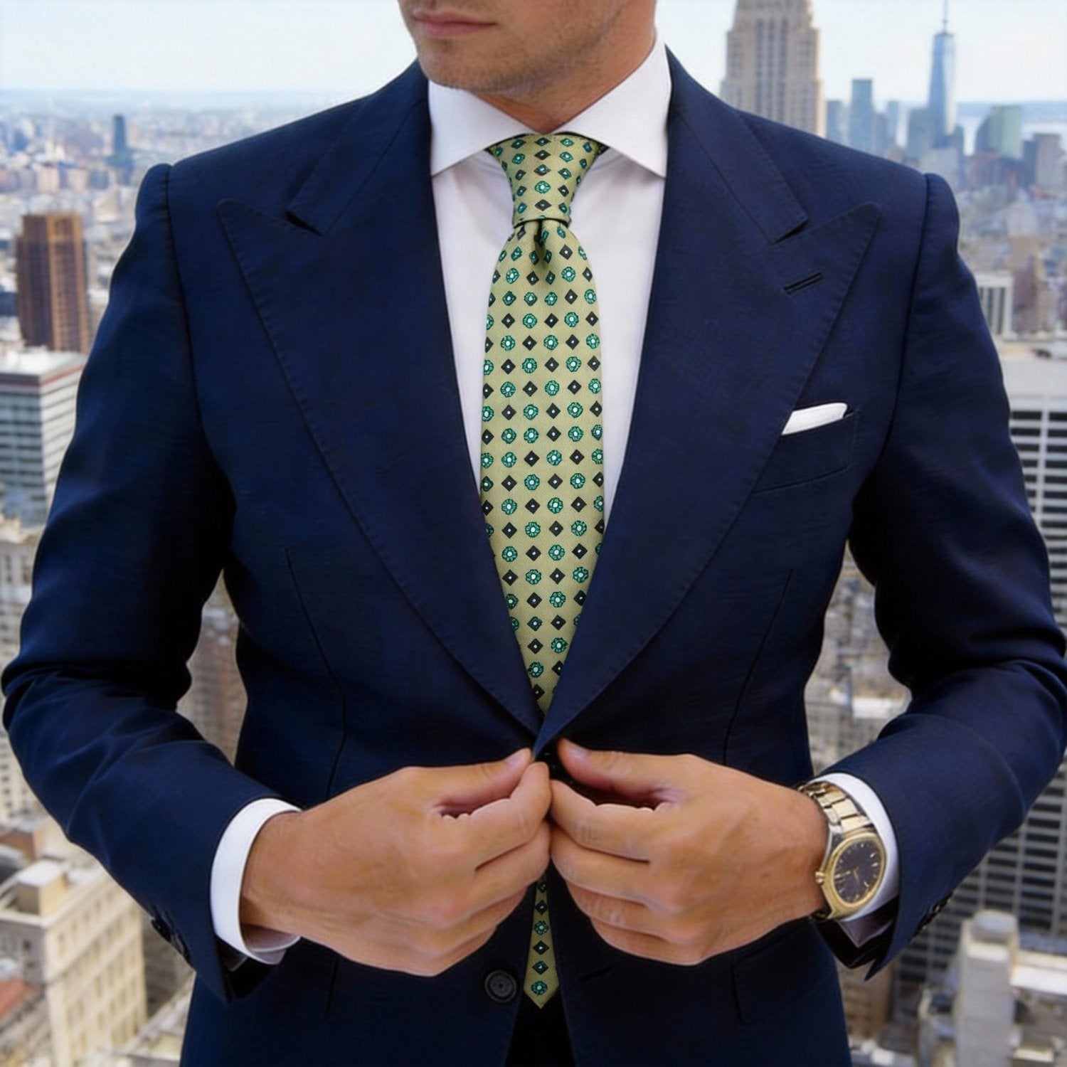 Olive Green with Green Floral & Black Square Necktie