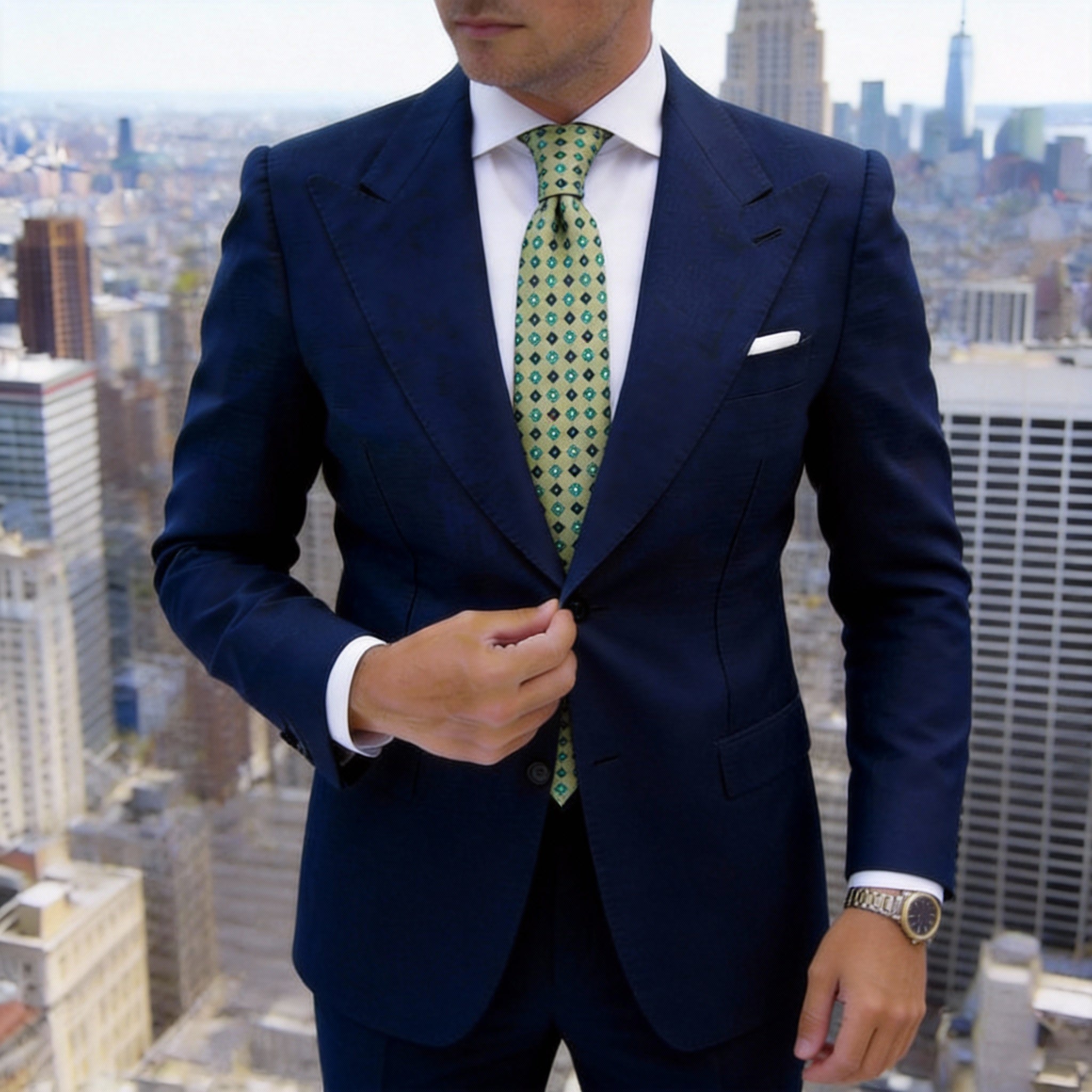 Olive Green with Green Floral & Black Square Necktie