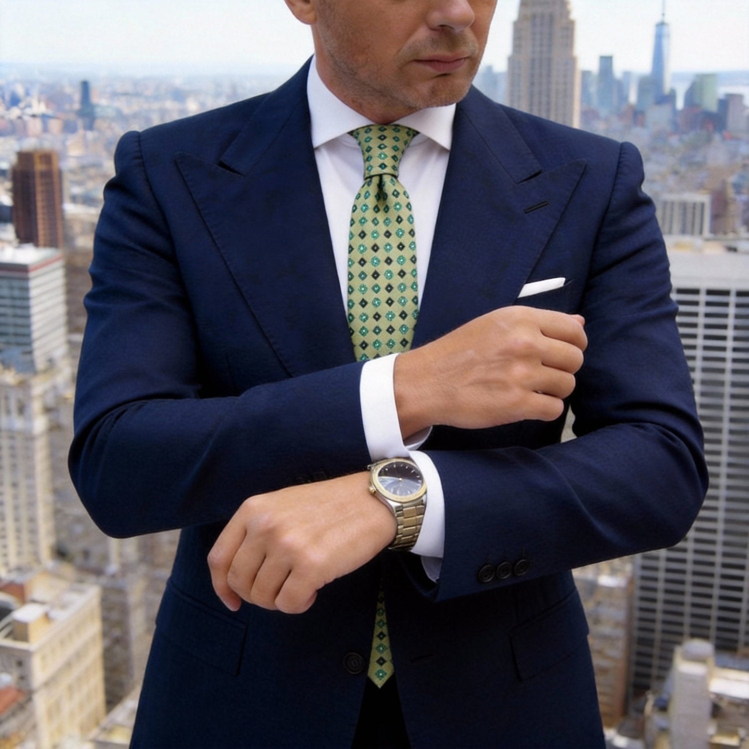 Olive Green with Green Floral & Black Square Necktie
