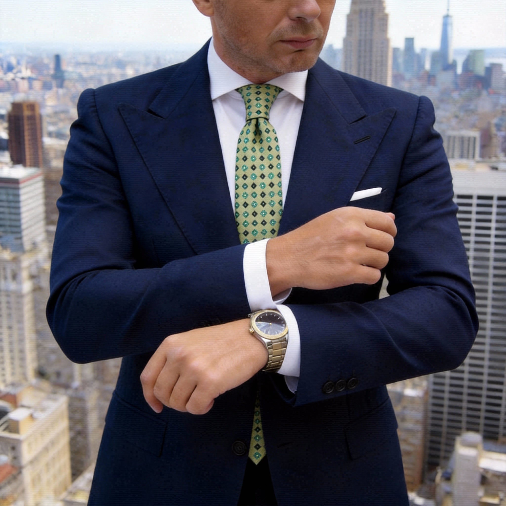 Olive Green with Green Floral & Black Square Necktie