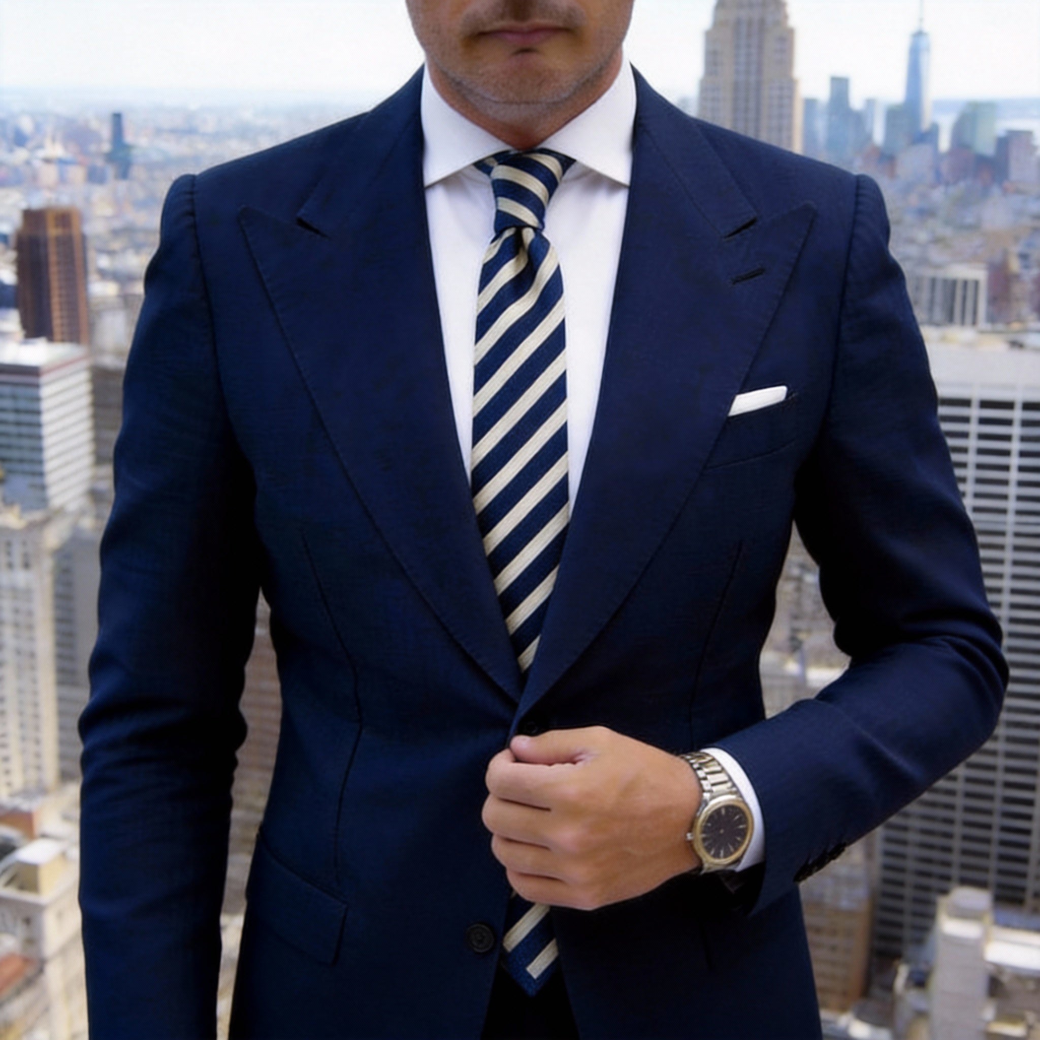 Navy Blue with Cream-white Diagonal Striped Necktie