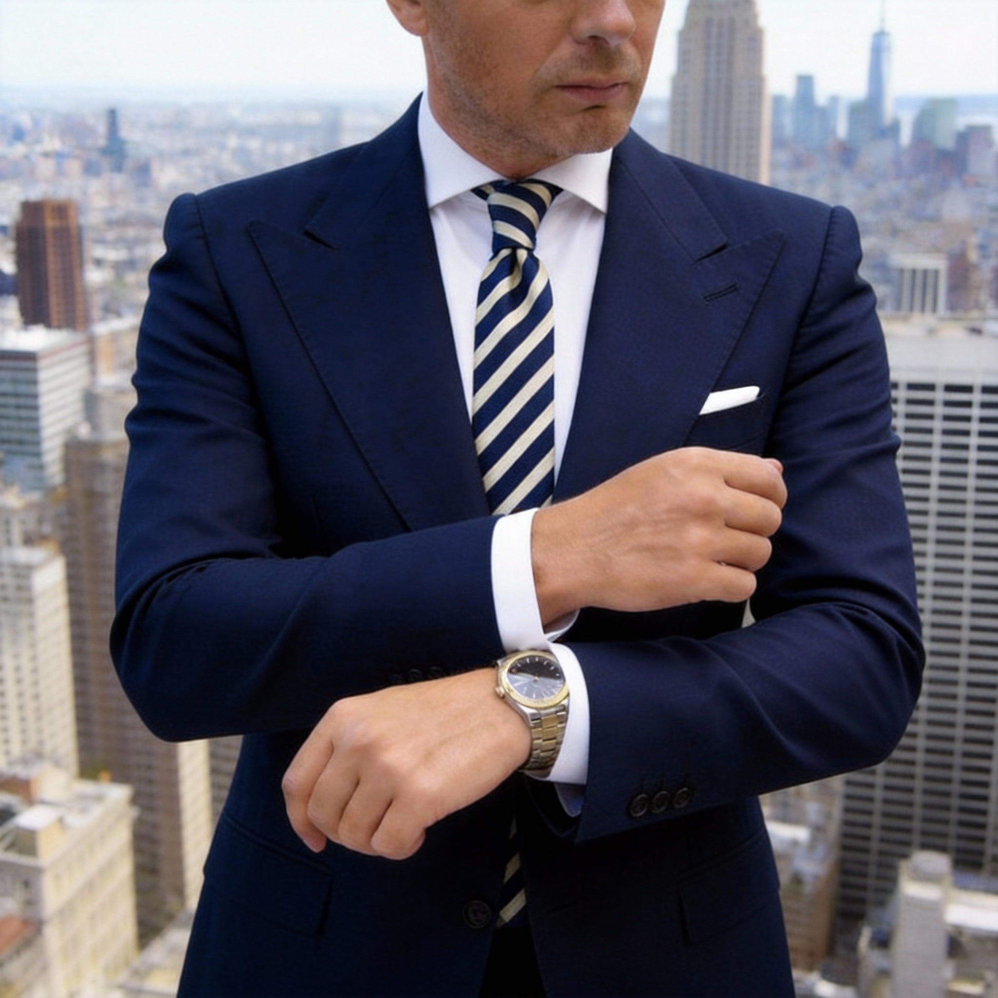 Navy Blue with Cream-white Diagonal Striped Necktie