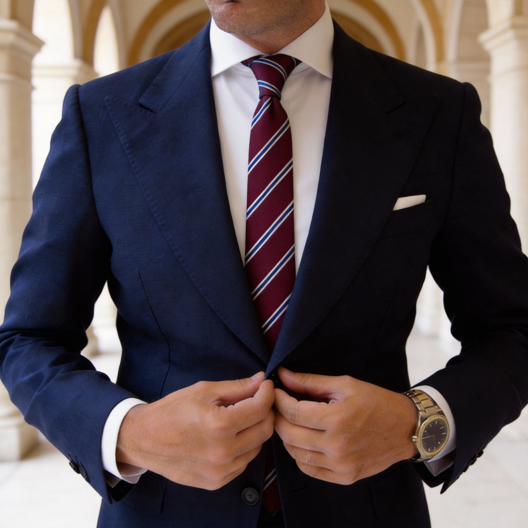 Burgundy With Blue And White Diagonal Stripes Necktie