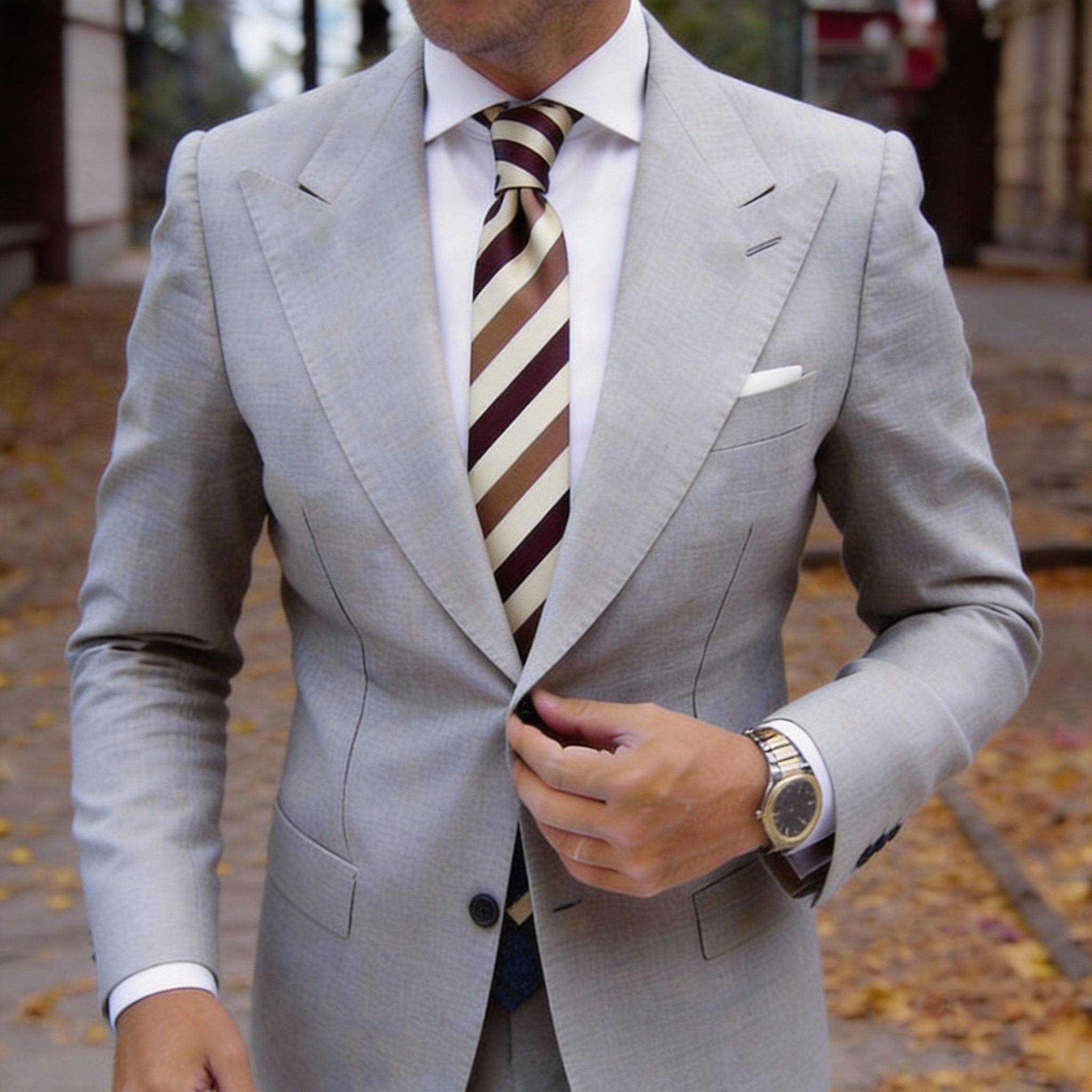 Cream With Brown Diagonal Stripes Necktie