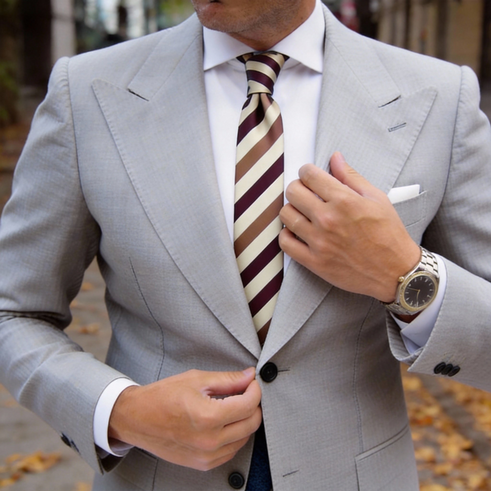 Cream With Brown Diagonal Stripes Necktie