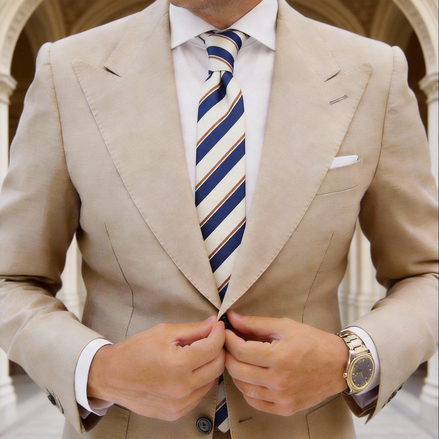 Light Beige with Blue & Brown Diagonal Stripes Necktie