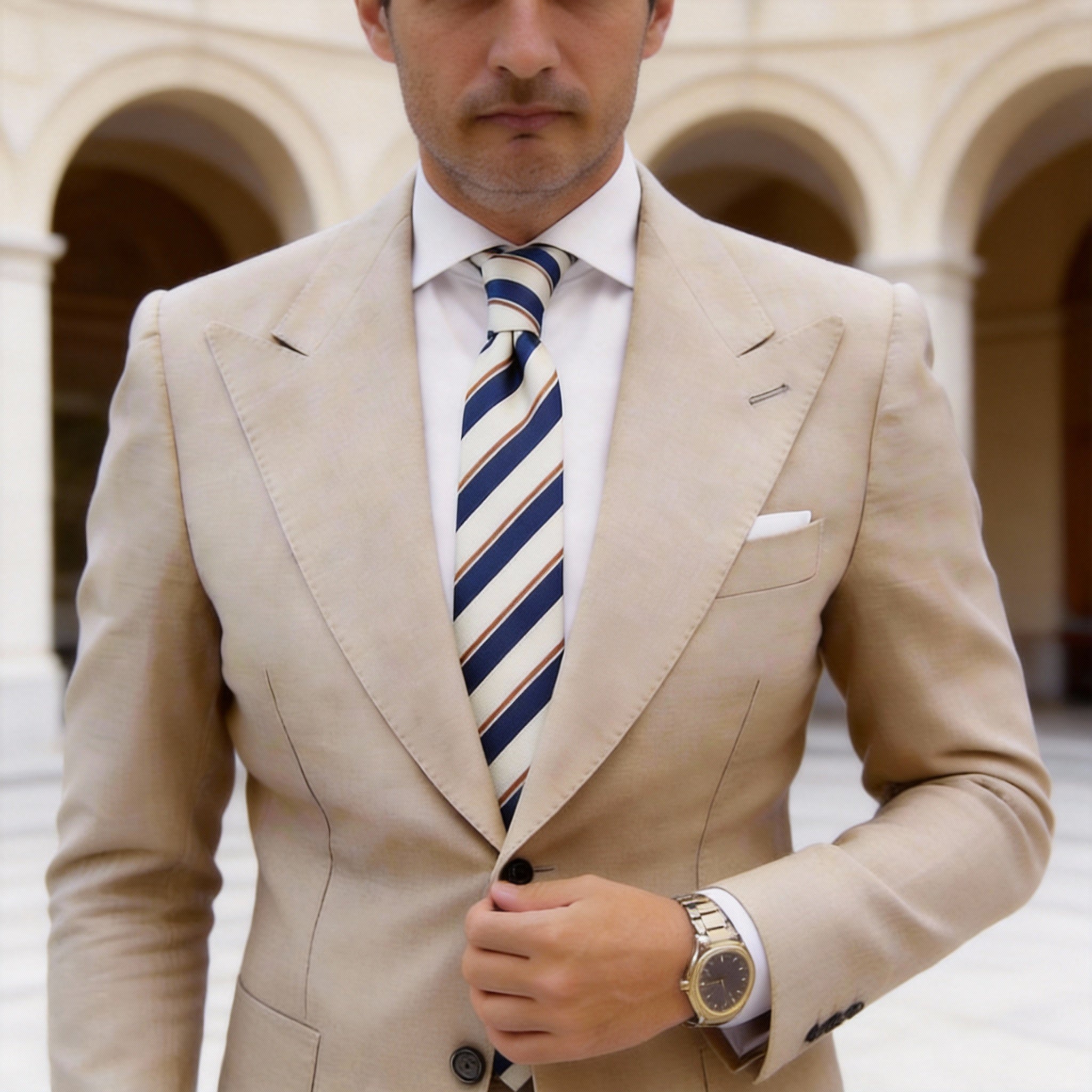 Light Beige with Blue & Brown Diagonal Stripes Necktie