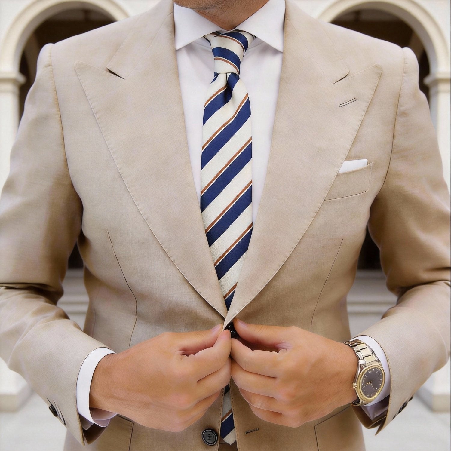 Light Beige with Blue & Brown Diagonal Stripes Necktie