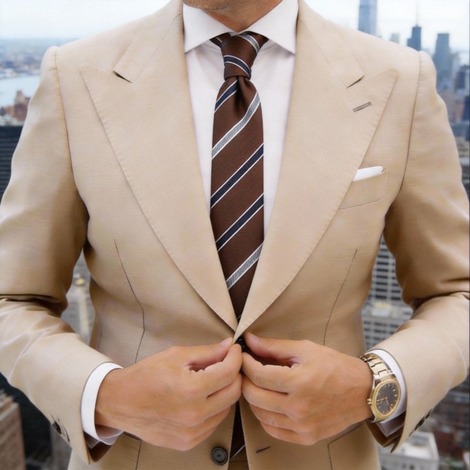 Brown With White And Dark Blue Stripes Necktie
