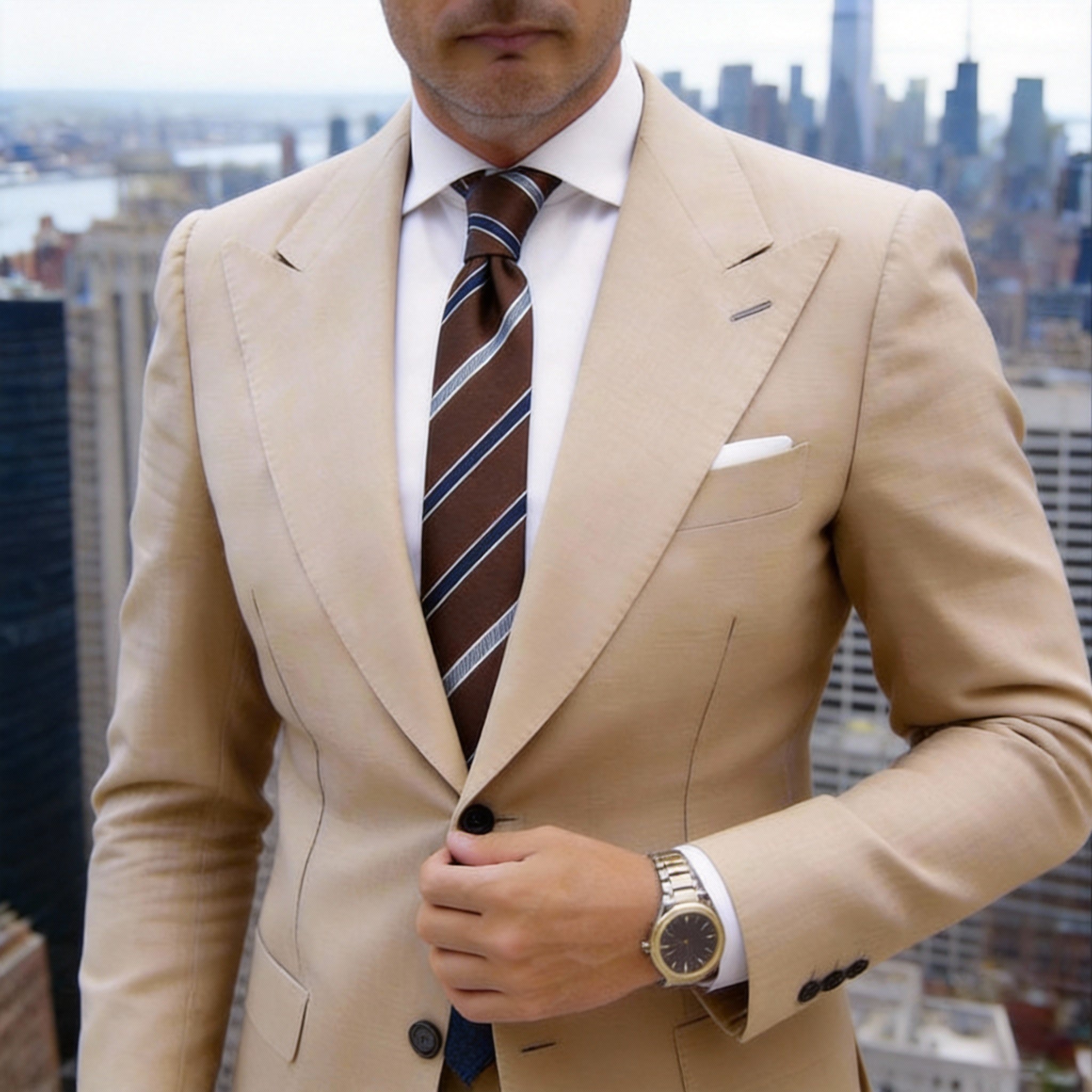Brown With White And Dark Blue Stripes Necktie