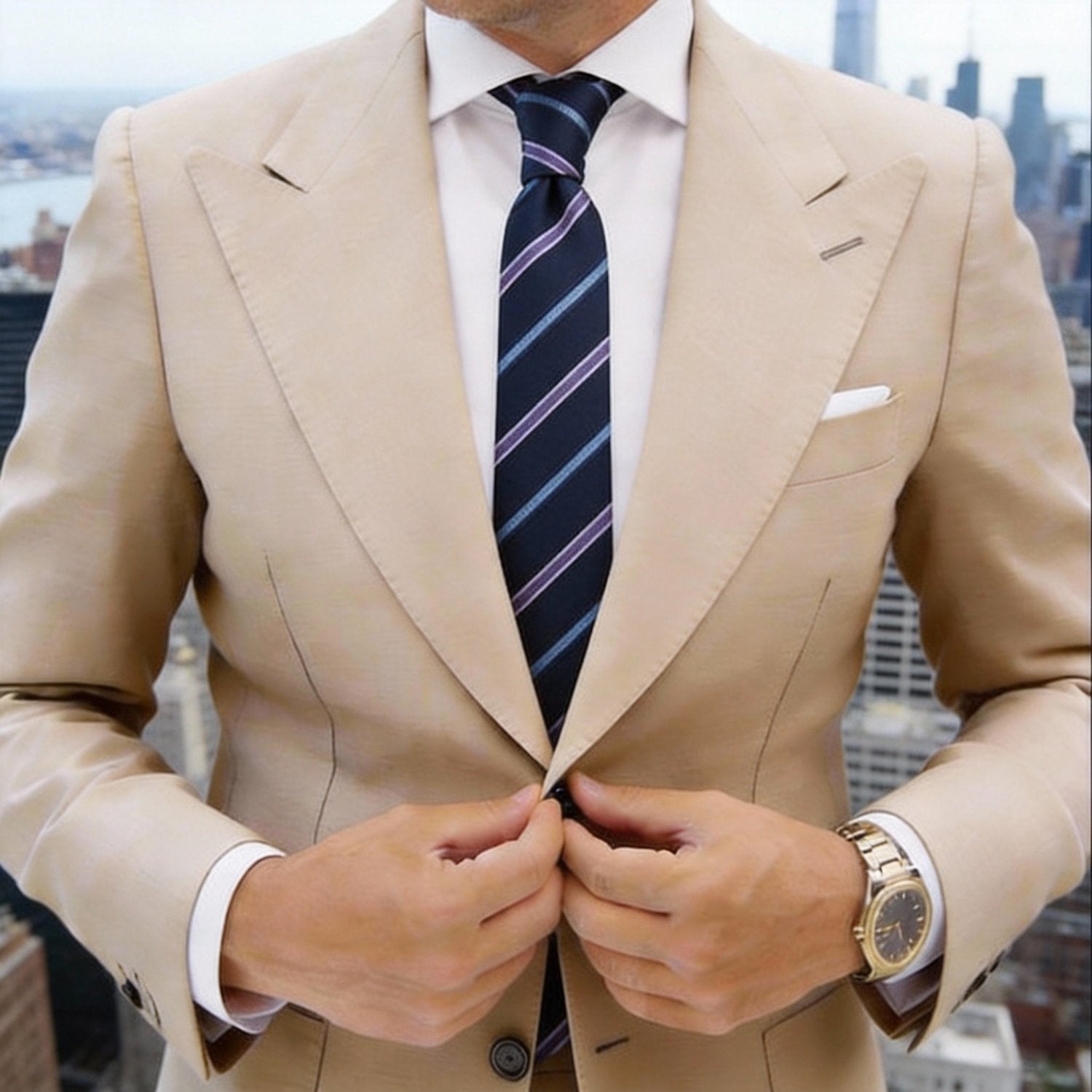 Navy Blue Necktie With Light Blue & Pink Stripes
